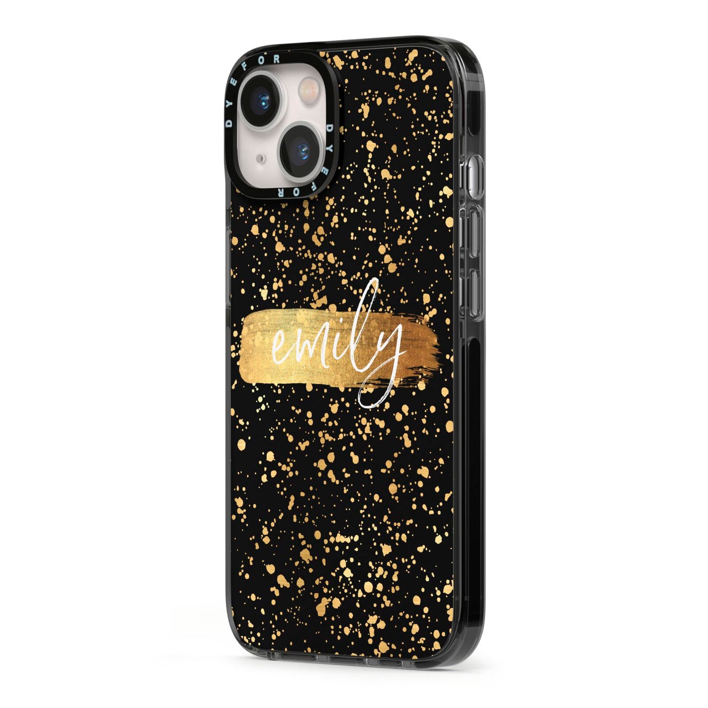 Personalised Black Gold Ink Splat Name iPhone 13 Black Impact Case Side Angle on Silver phone