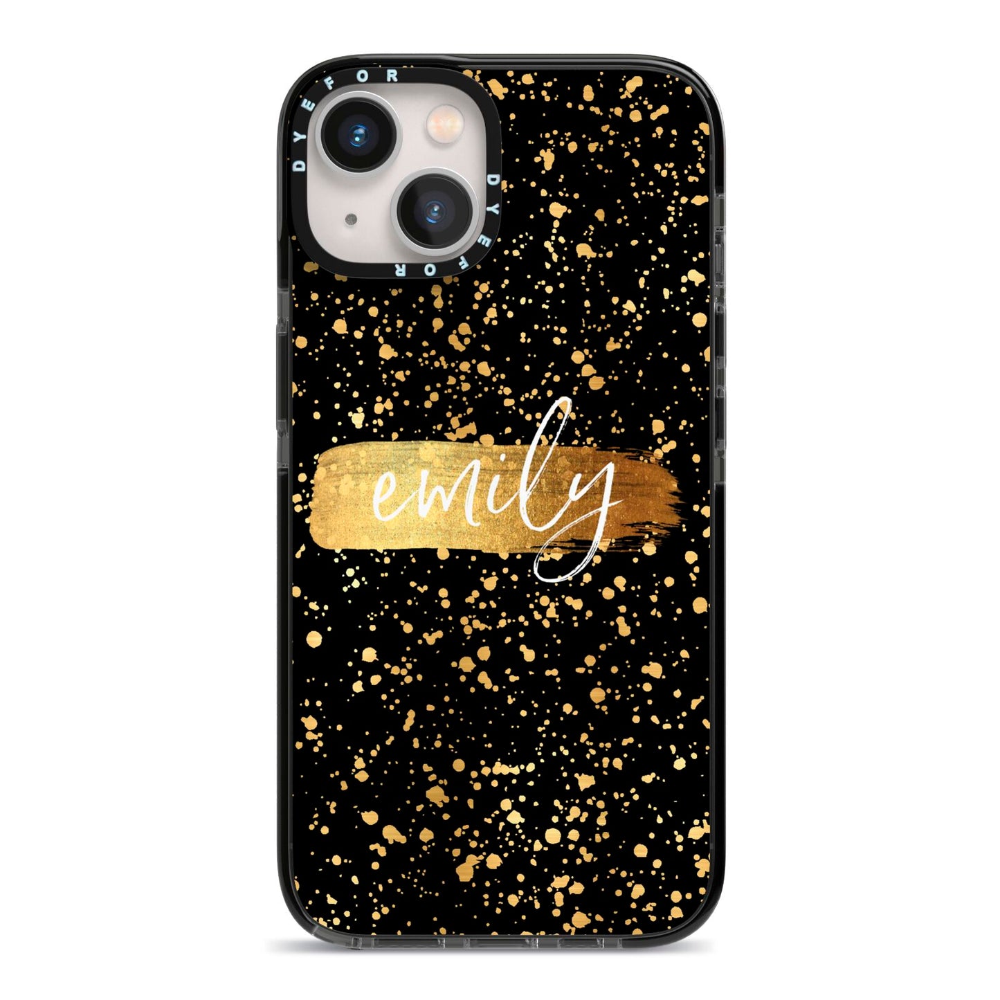 Personalised Black Gold Ink Splat Name iPhone 13 Black Impact Case on Silver phone