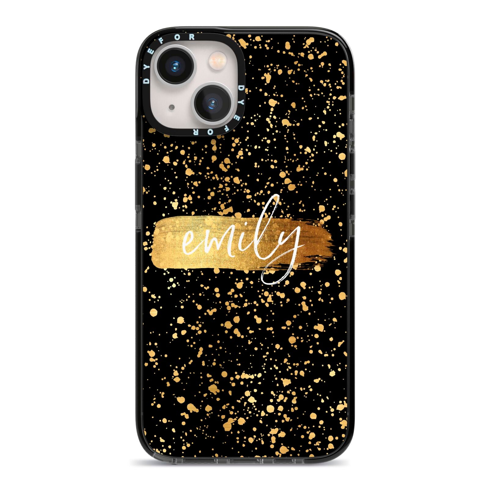 Personalised Black Gold Ink Splat Name iPhone 13 Black Impact Case on Silver phone