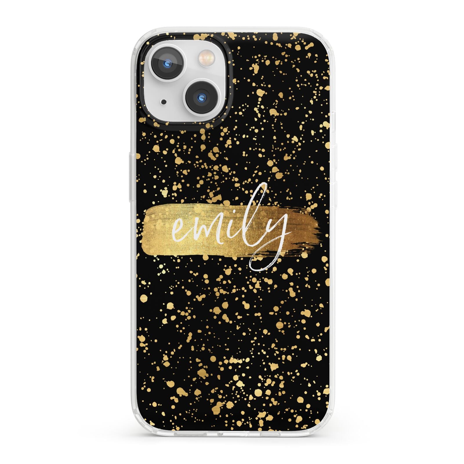 Personalised Black Gold Ink Splat Name iPhone 13 Clear Bumper Case