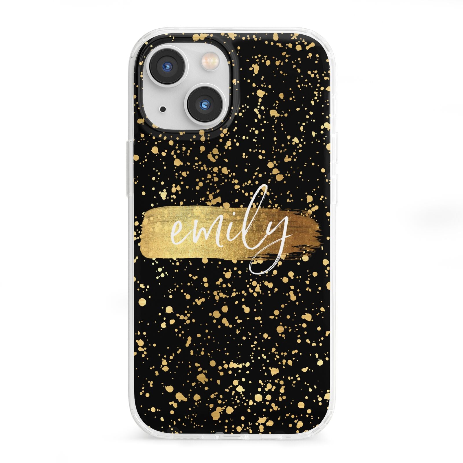 Personalised Black Gold Ink Splat Name iPhone 13 Mini Clear Bumper Case