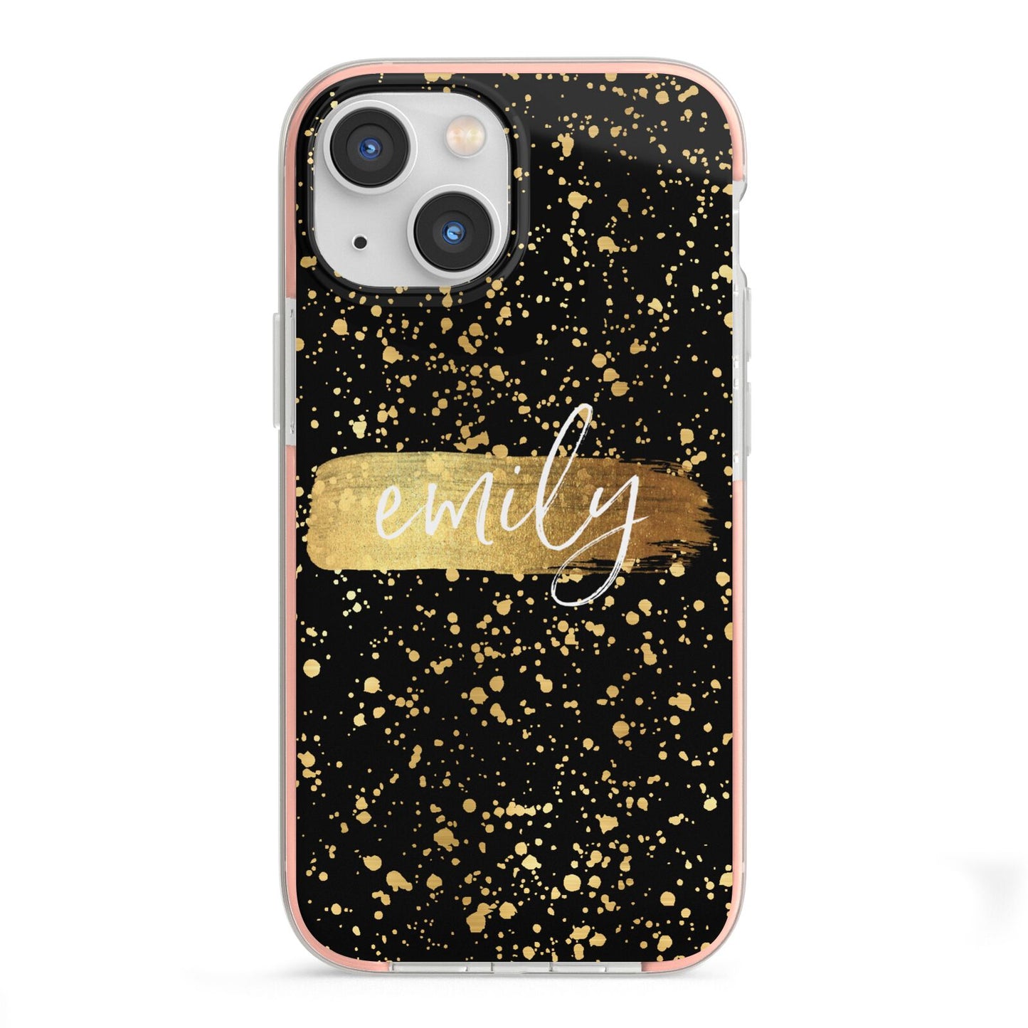 Personalised Black Gold Ink Splat Name iPhone 13 Mini TPU Impact Case with Pink Edges