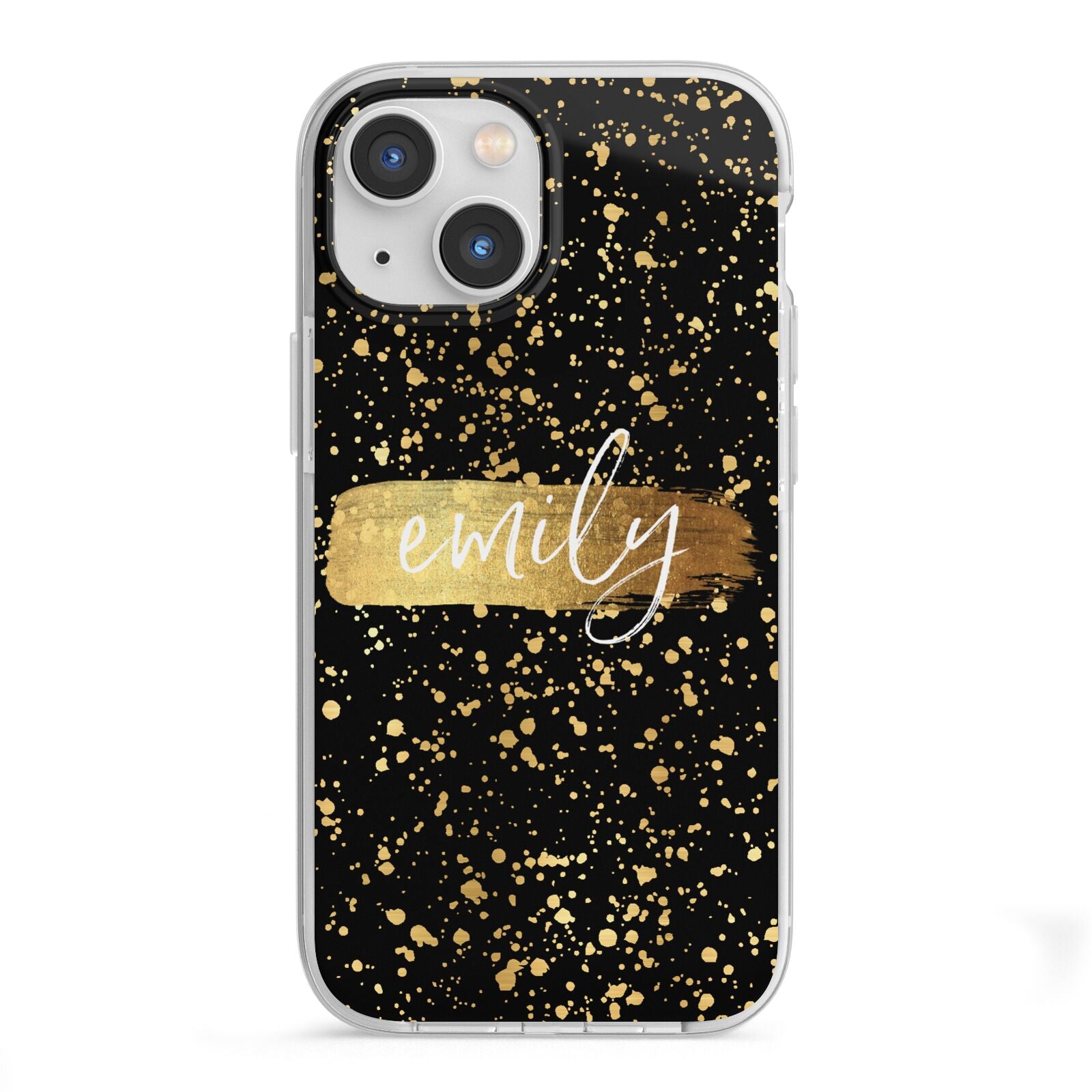 Personalised Black Gold Ink Splat Name iPhone 13 Mini TPU Impact Case with White Edges