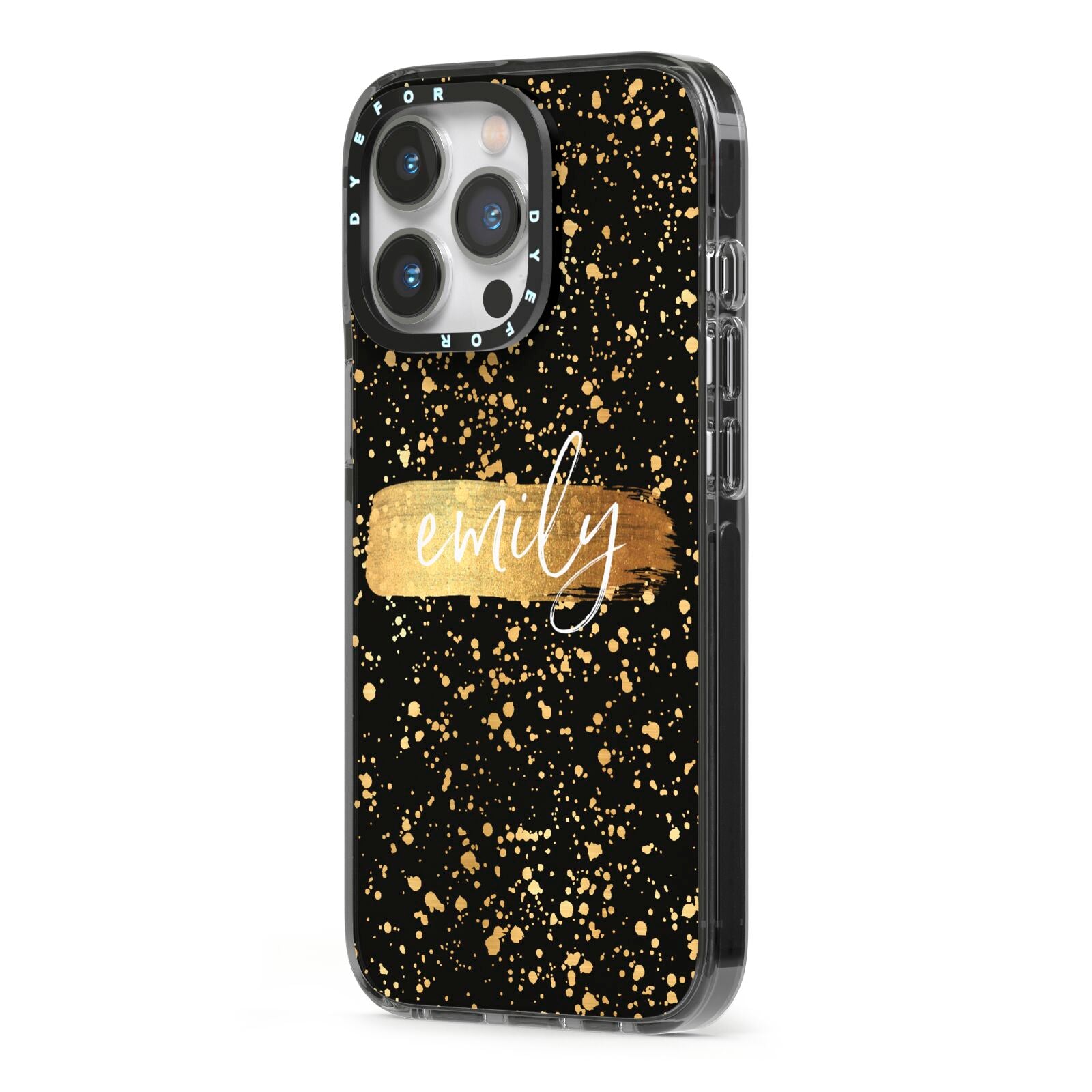 Personalised Black Gold Ink Splat Name iPhone 13 Pro Black Impact Case Side Angle on Silver phone