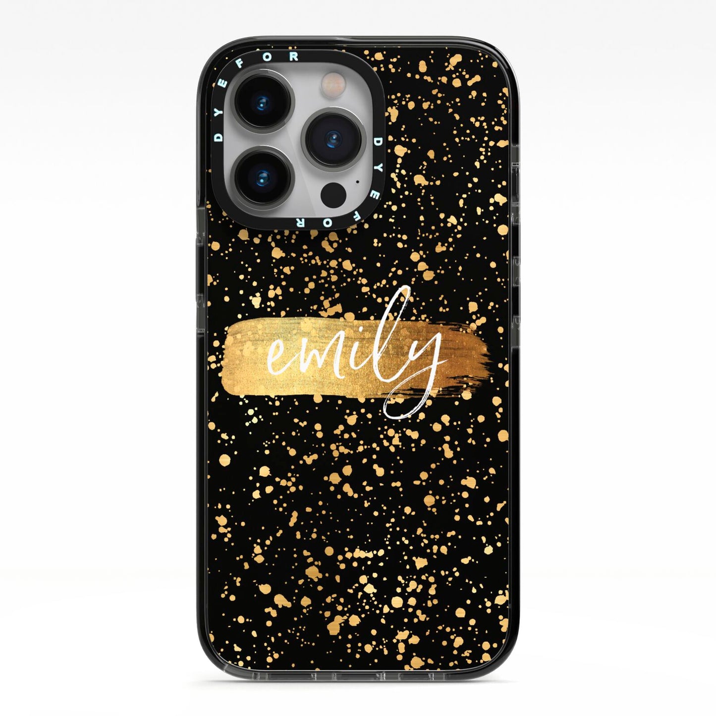 Personalised Black Gold Ink Splat Name iPhone 13 Pro Black Impact Case on Silver phone