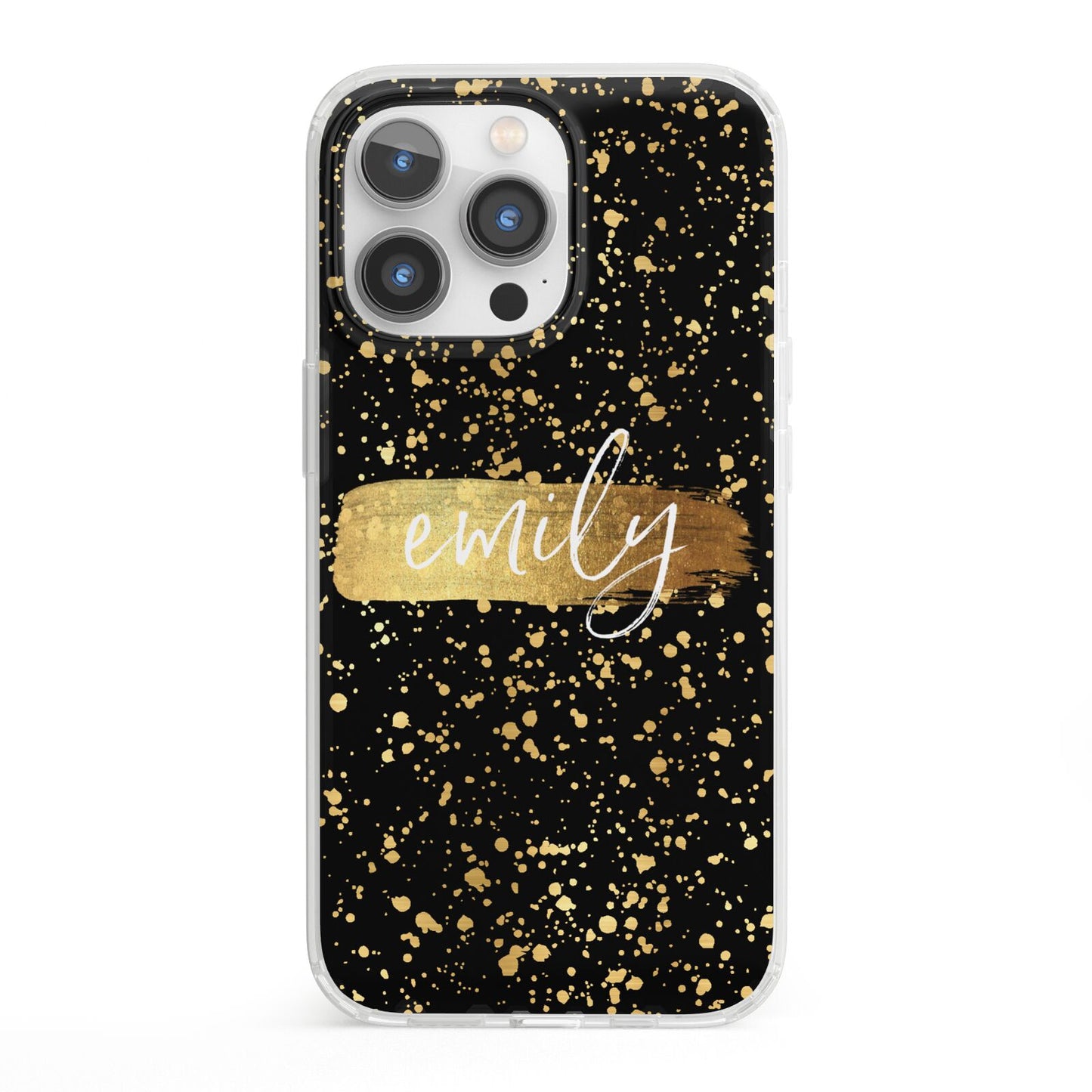 Personalised Black Gold Ink Splat Name iPhone 13 Pro Clear Bumper Case