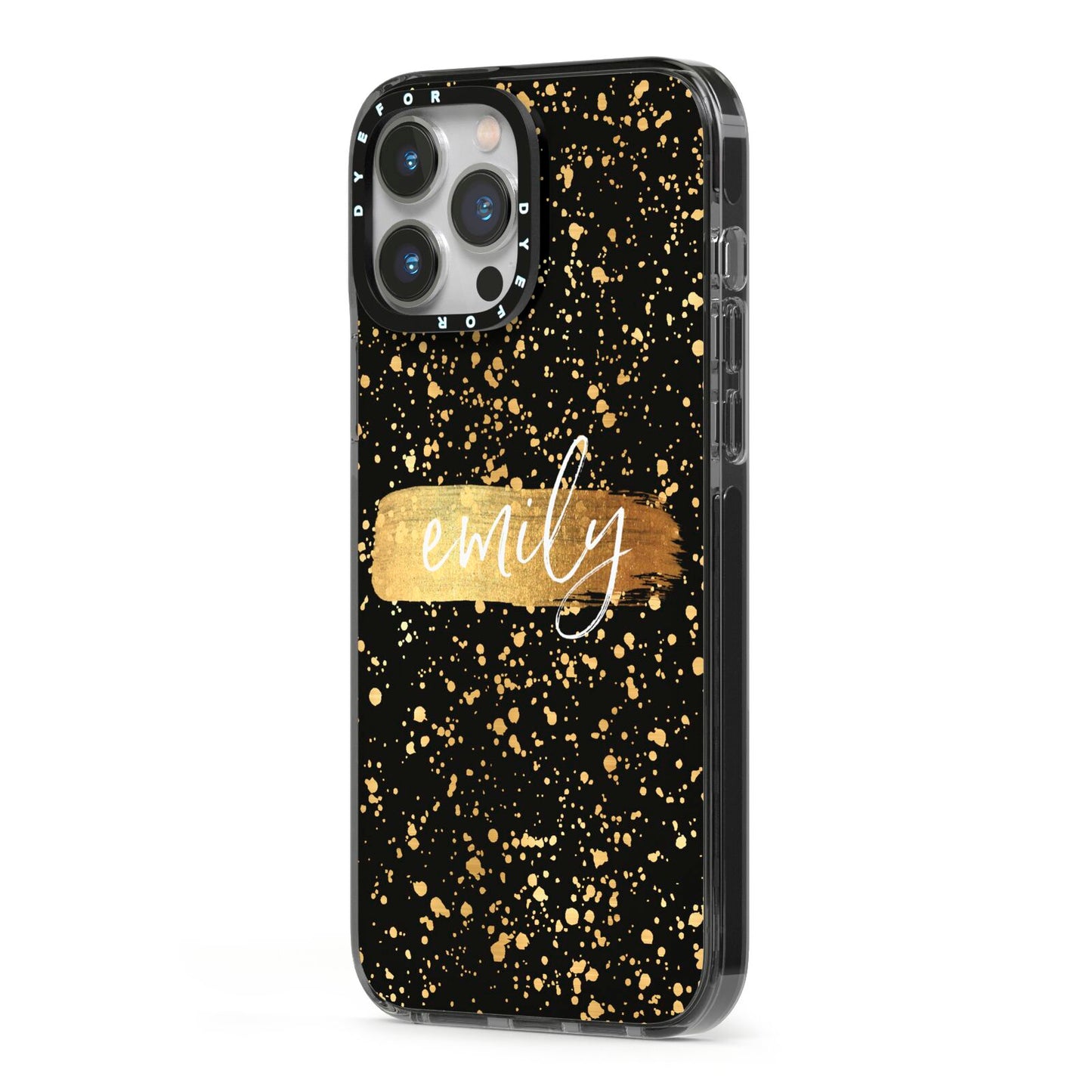 Personalised Black Gold Ink Splat Name iPhone 13 Pro Max Black Impact Case Side Angle on Silver phone