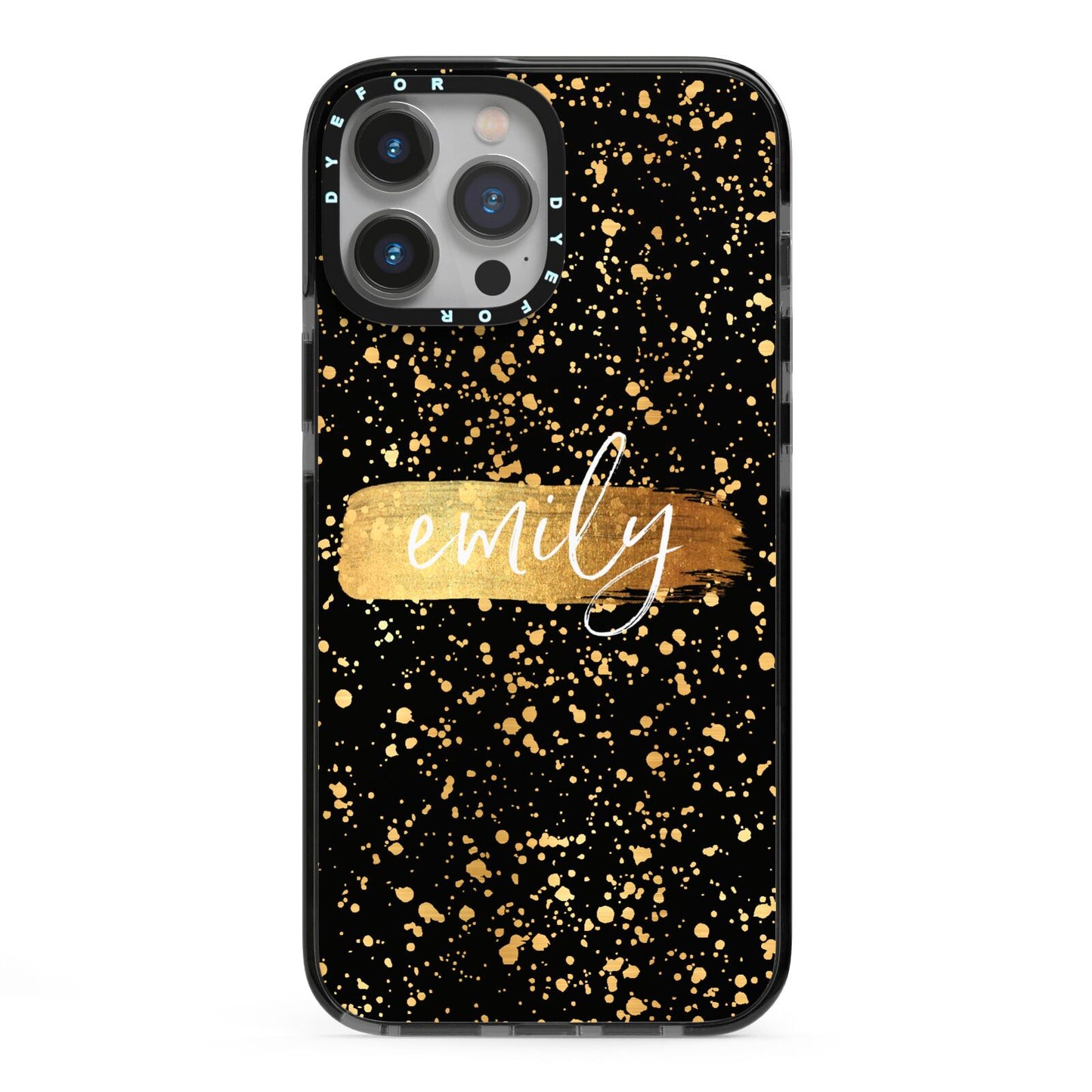 Personalised Black Gold Ink Splat Name iPhone 13 Pro Max Black Impact Case on Silver phone