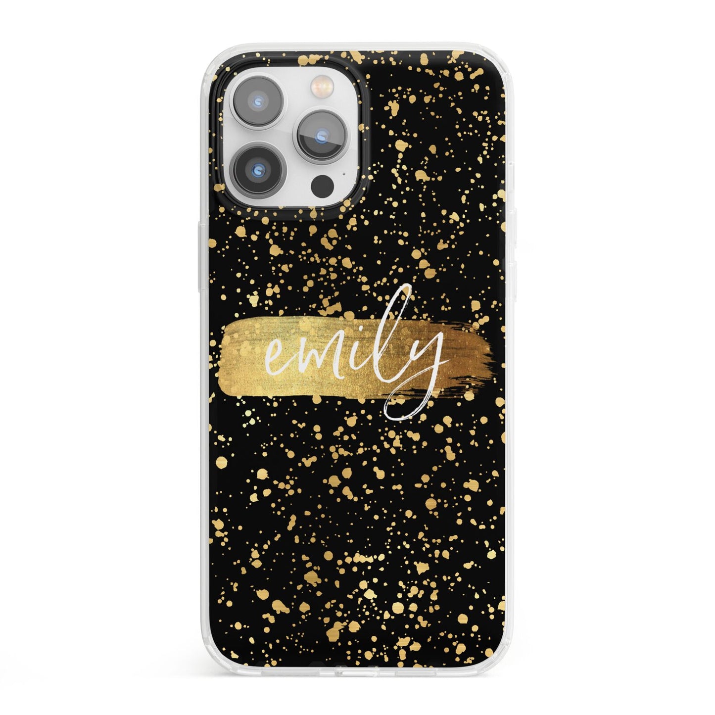 Personalised Black Gold Ink Splat Name iPhone 13 Pro Max Clear Bumper Case