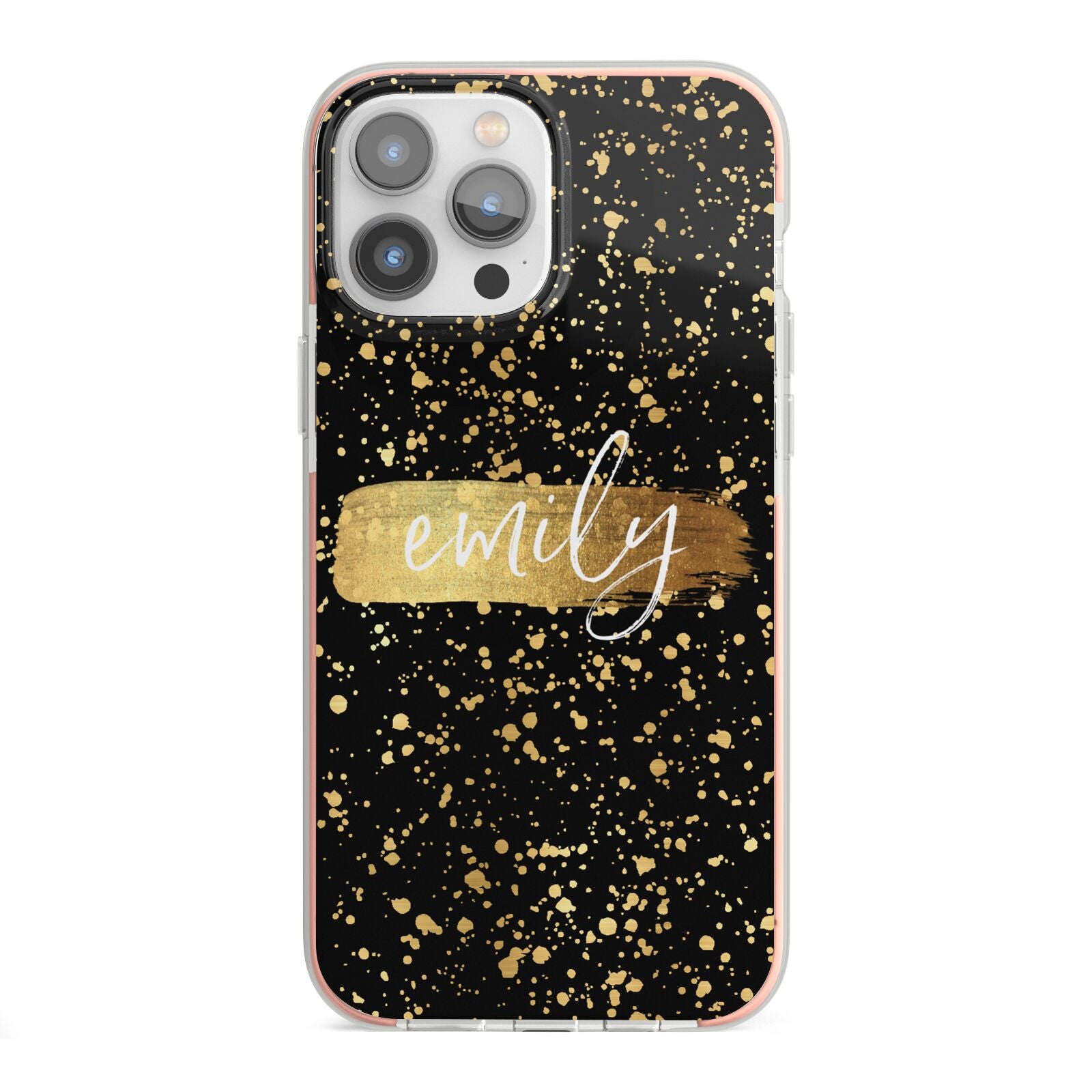 Personalised Black Gold Ink Splat Name iPhone 13 Pro Max TPU Impact Case with Pink Edges