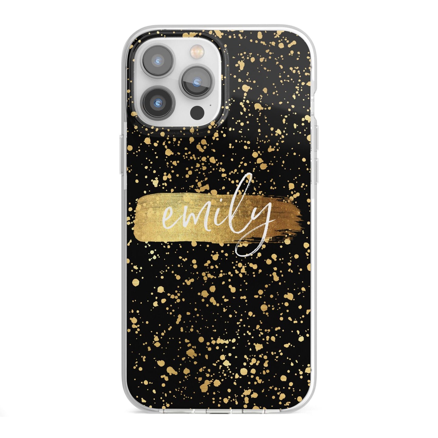 Personalised Black Gold Ink Splat Name iPhone 13 Pro Max TPU Impact Case with White Edges