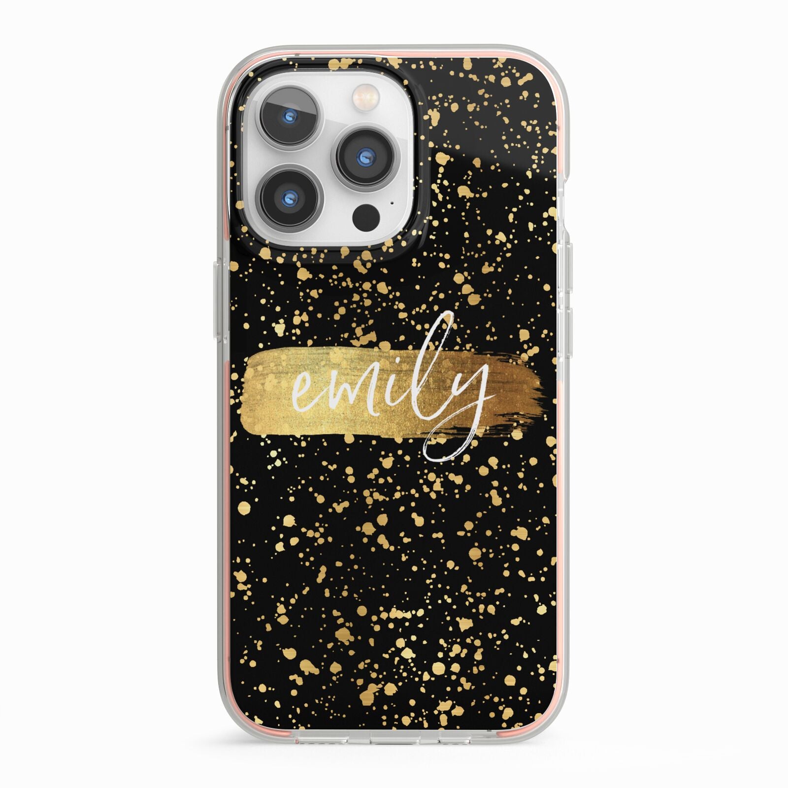 Personalised Black Gold Ink Splat Name iPhone 13 Pro TPU Impact Case with Pink Edges