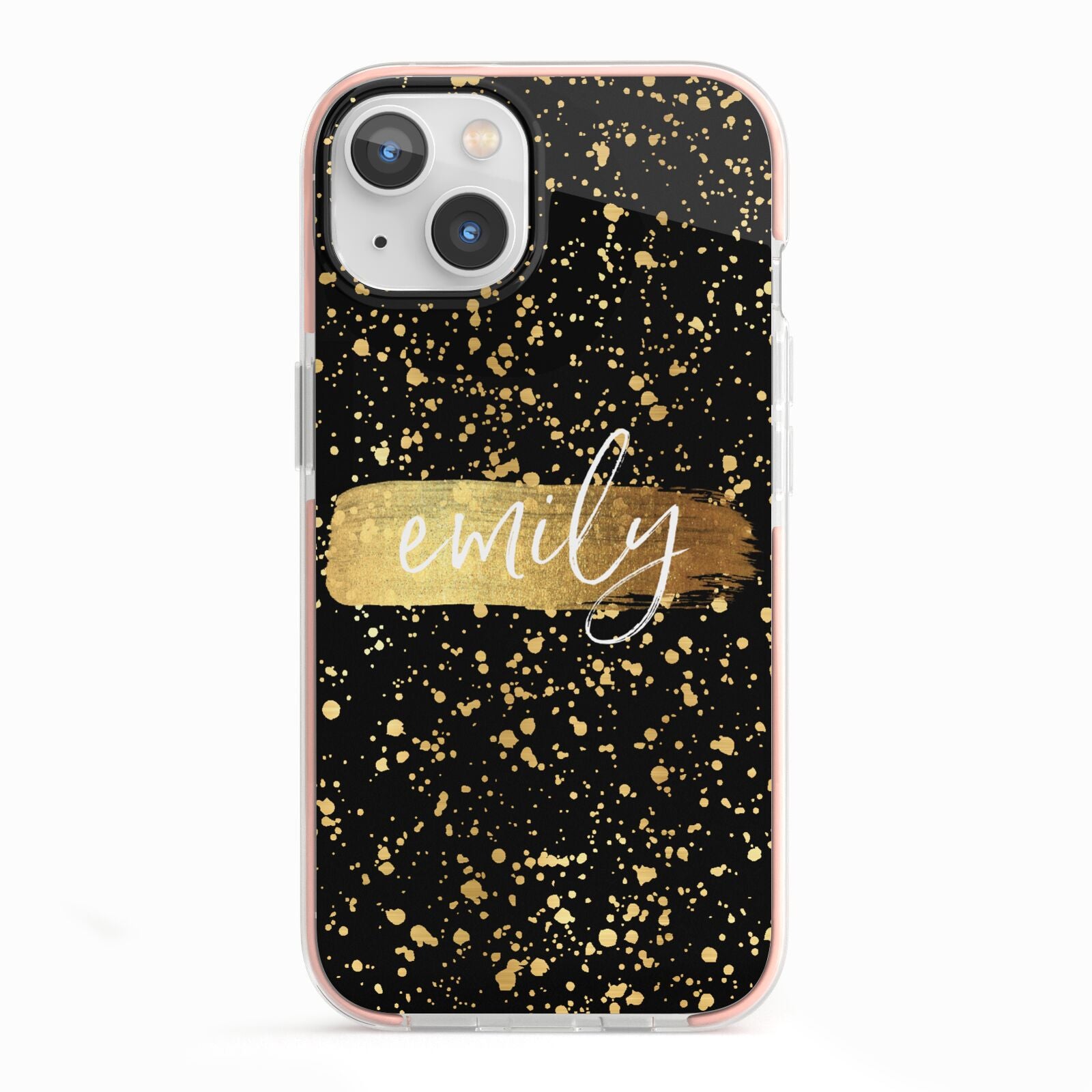 Personalised Black Gold Ink Splat Name iPhone 13 TPU Impact Case with Pink Edges