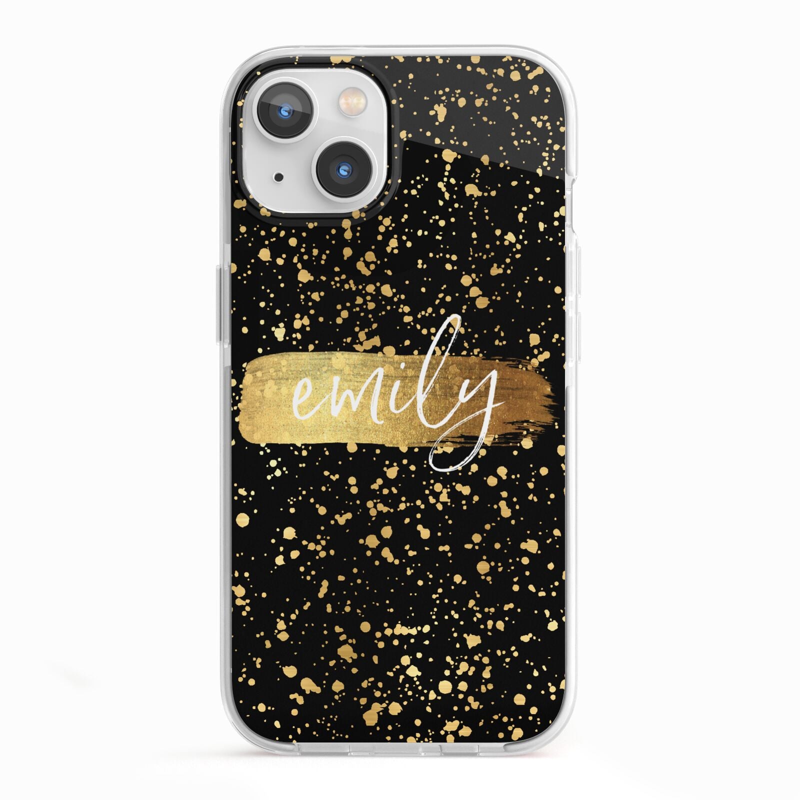 Personalised Black Gold Ink Splat Name iPhone 13 TPU Impact Case with White Edges