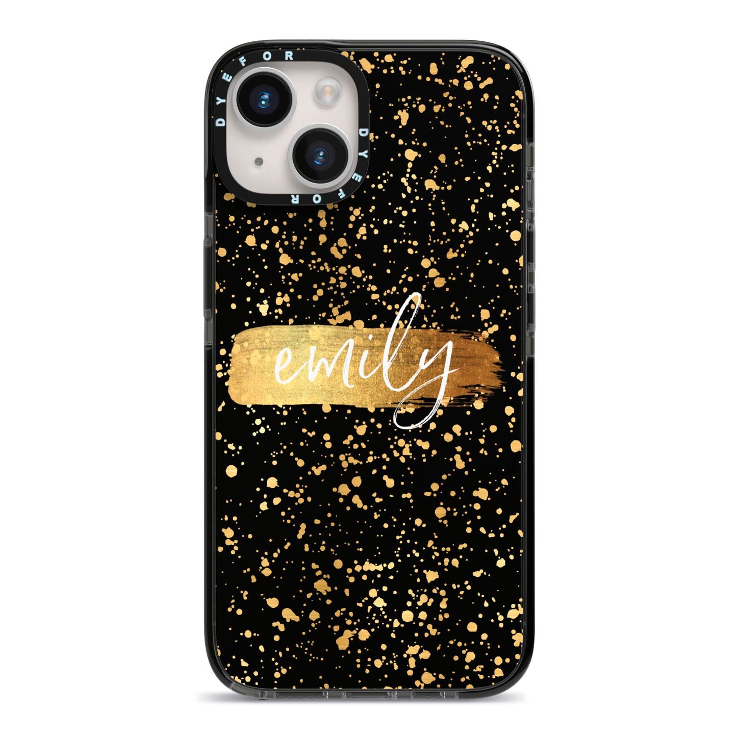 Personalised Black Gold Ink Splat Name iPhone 14 Black Impact Case on Silver phone