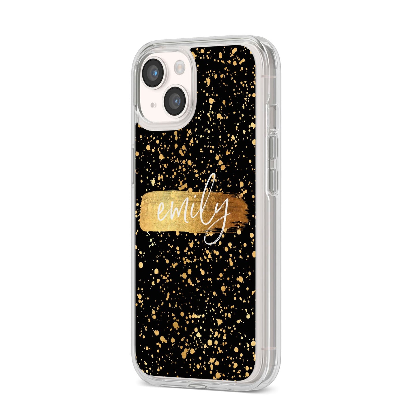 Personalised Black Gold Ink Splat Name iPhone 14 Clear Tough Case Starlight Angled Image