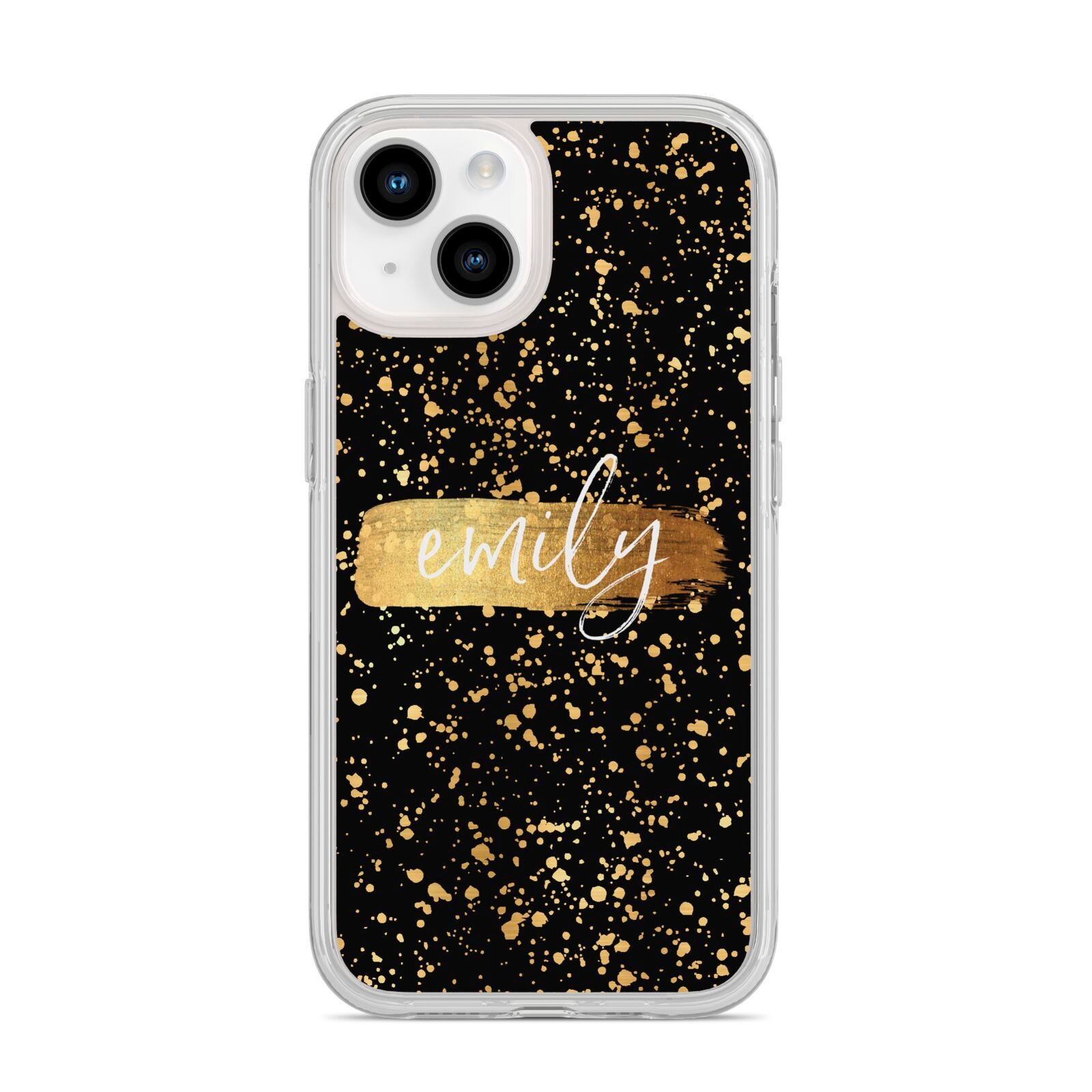 Personalised Black Gold Ink Splat Name iPhone 14 Clear Tough Case Starlight