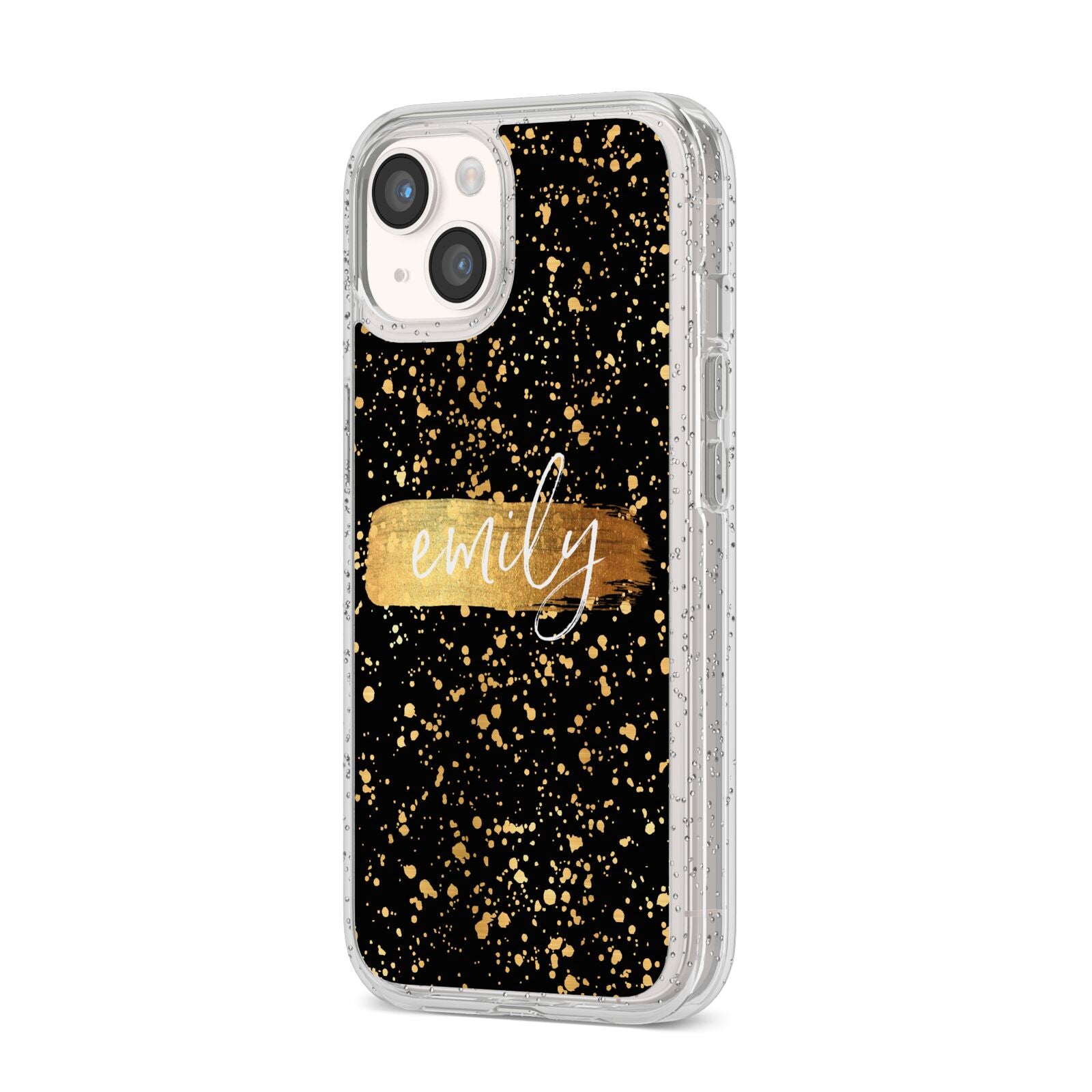 Personalised Black Gold Ink Splat Name iPhone 14 Glitter Tough Case Starlight Angled Image