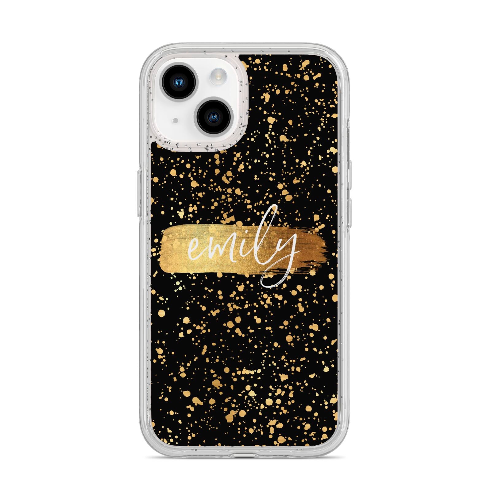 Personalised Black Gold Ink Splat Name iPhone 14 Glitter Tough Case Starlight