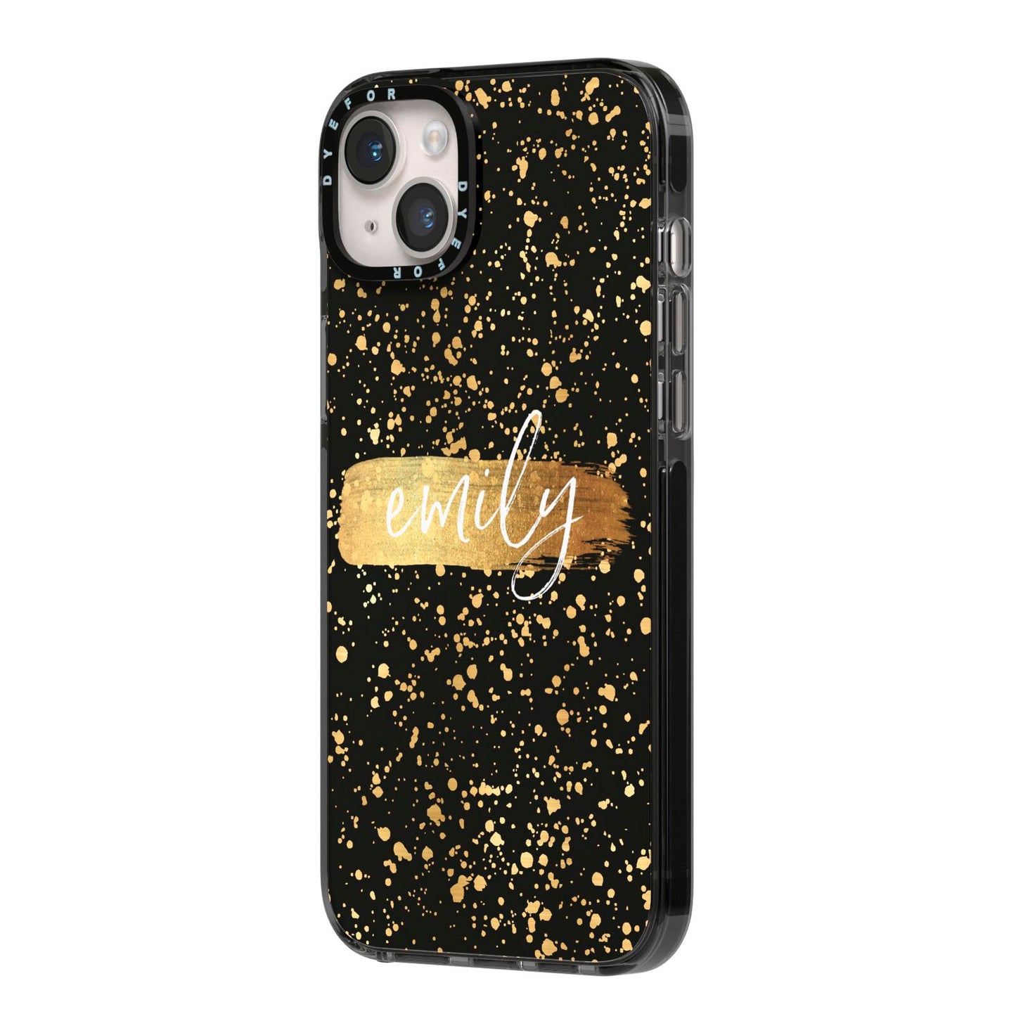 Personalised Black Gold Ink Splat Name iPhone 14 Plus Black Impact Case Side Angle on Silver phone