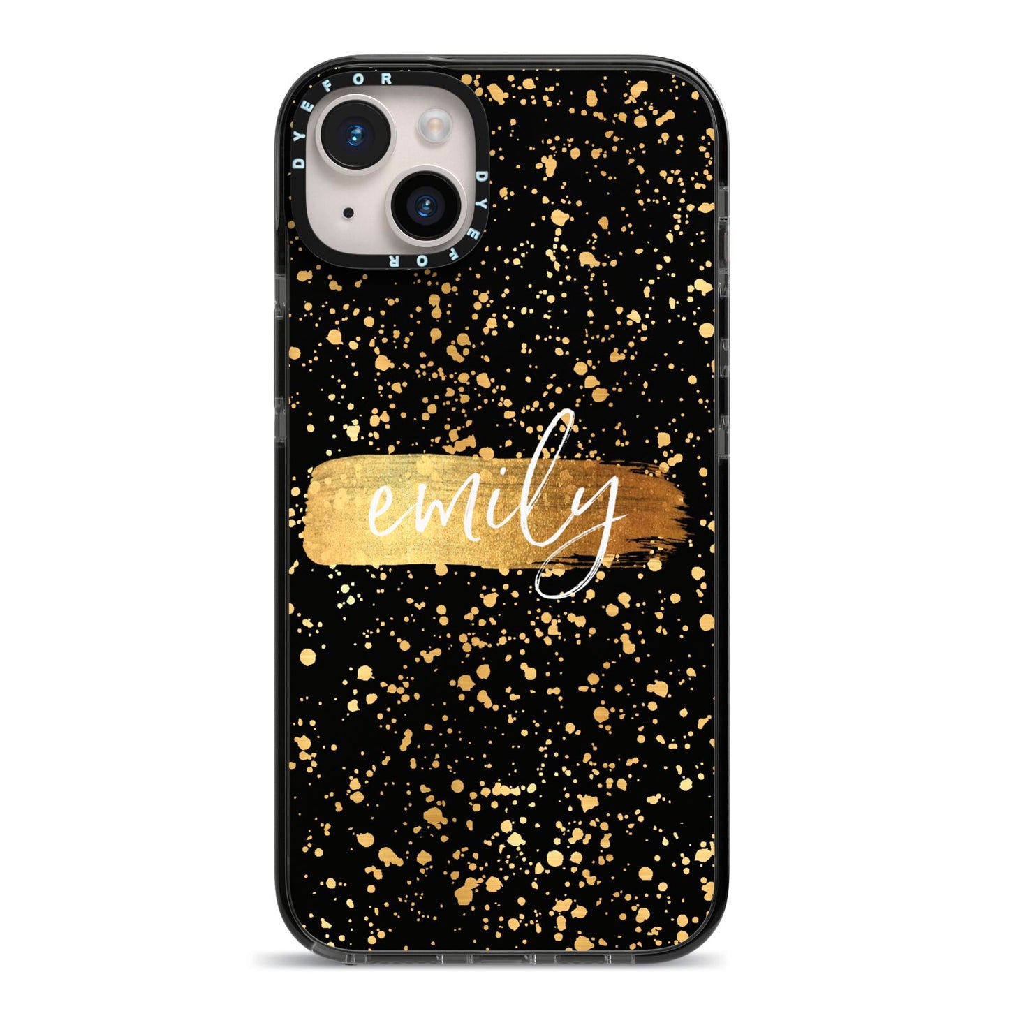 Personalised Black Gold Ink Splat Name iPhone 14 Plus Black Impact Case on Silver phone