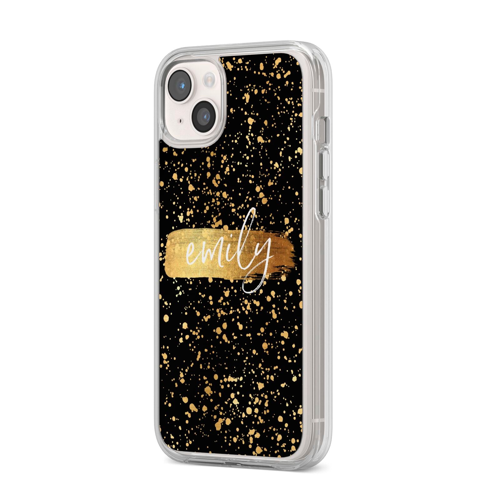 Personalised Black Gold Ink Splat Name iPhone 14 Plus Clear Tough Case Starlight Angled Image