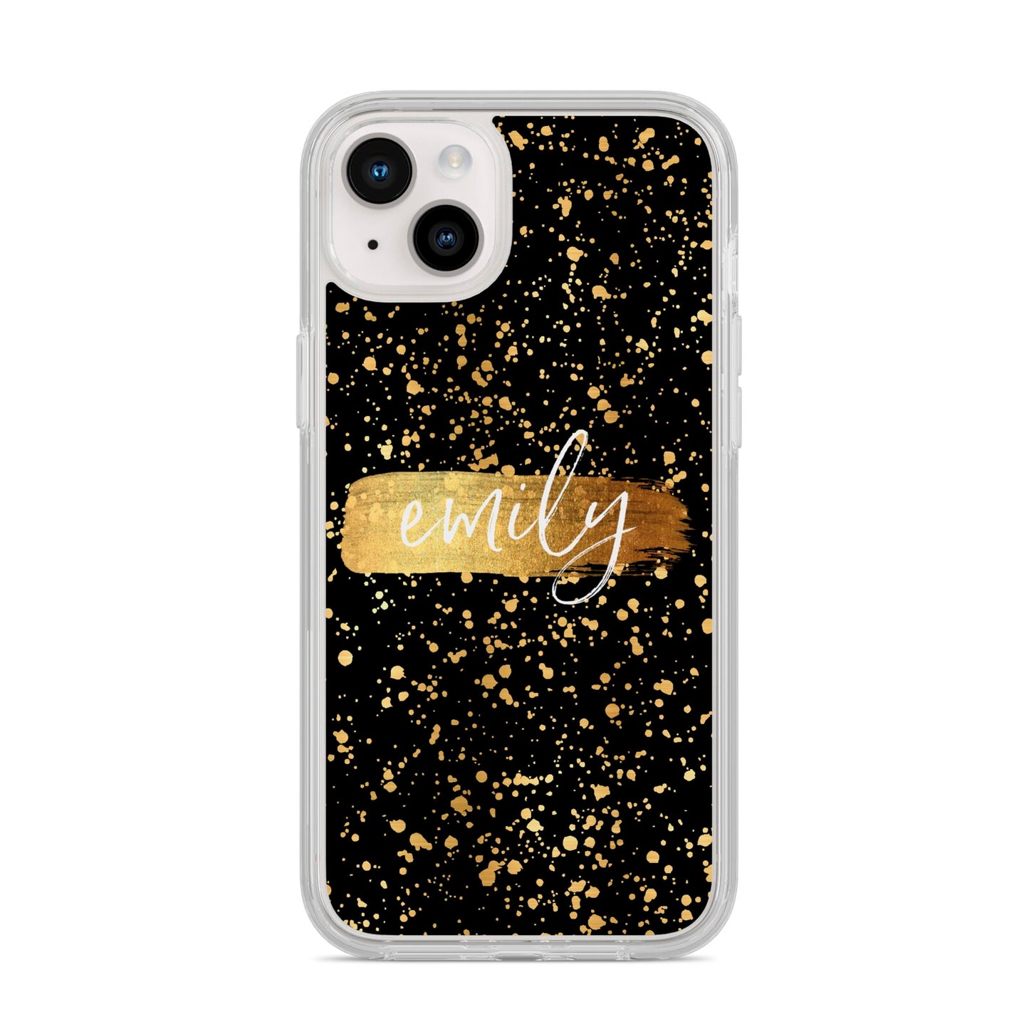 Personalised Black Gold Ink Splat Name iPhone 14 Plus Clear Tough Case Starlight