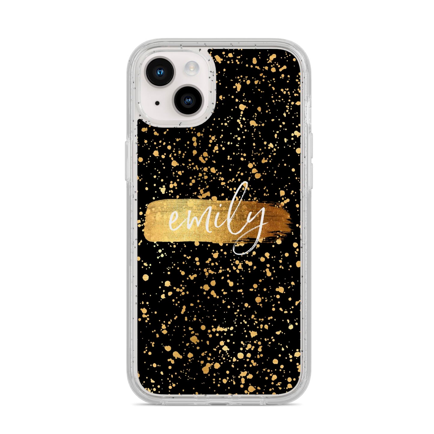 Personalised Black Gold Ink Splat Name iPhone 14 Plus Glitter Tough Case Starlight