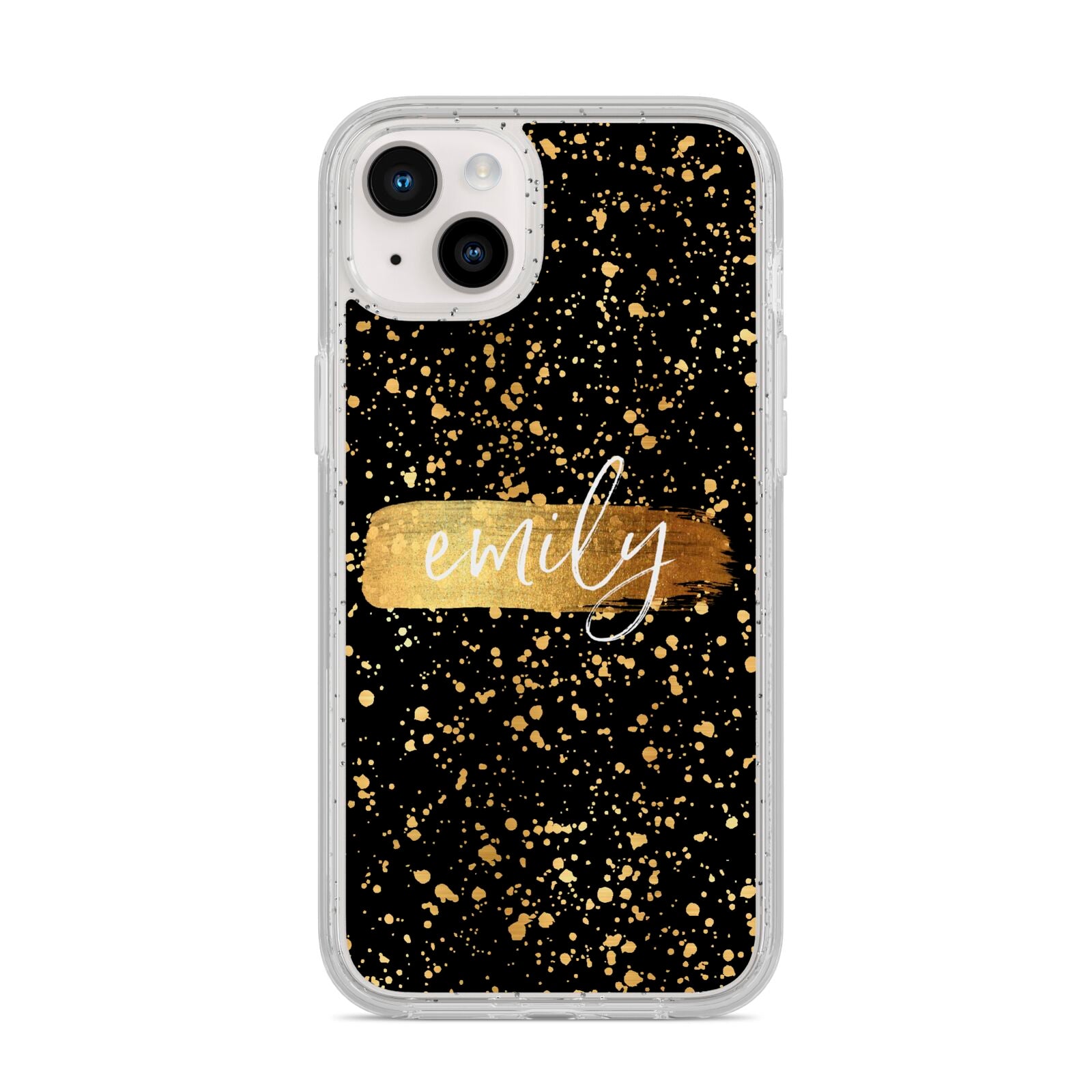 Personalised Black Gold Ink Splat Name iPhone 14 Plus Glitter Tough Case Starlight