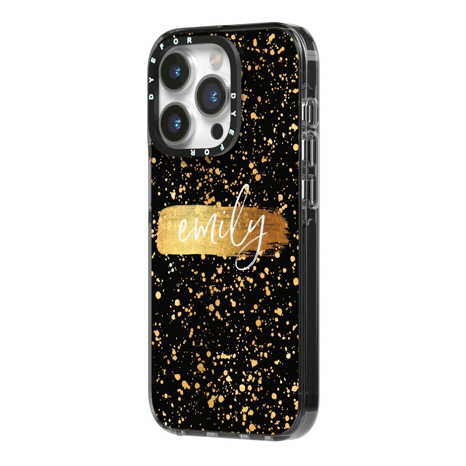 Personalised Black Gold Ink Splat Name iPhone 14 Pro Black Impact Case Side Angle on Silver phone