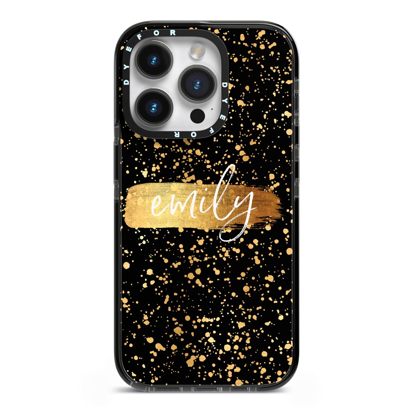 Personalised Black Gold Ink Splat Name iPhone 14 Pro Black Impact Case on Silver phone