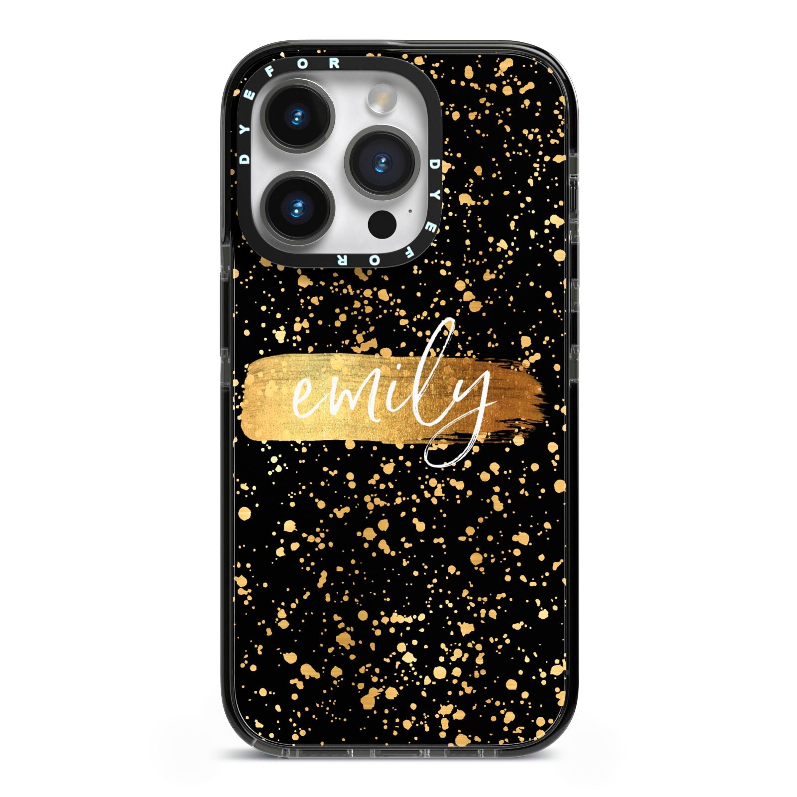 Personalised Black Gold Ink Splat Name iPhone 14 Pro Black Impact Case on Silver phone