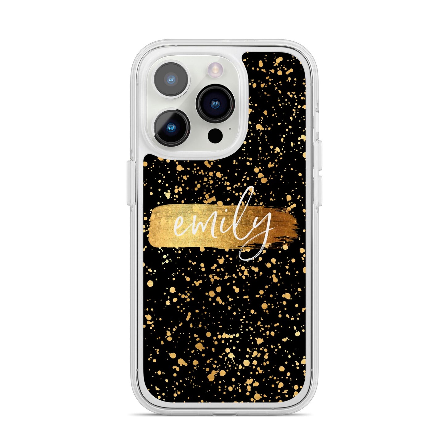 Personalised Black Gold Ink Splat Name iPhone 14 Pro Clear Tough Case Silver