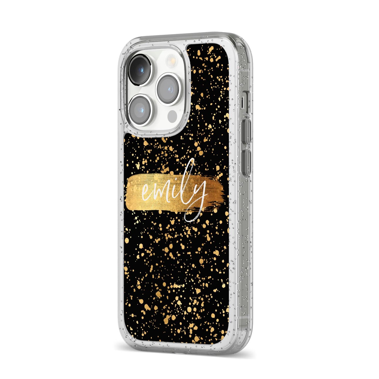 Personalised Black Gold Ink Splat Name iPhone 14 Pro Glitter Tough Case Silver Angled Image