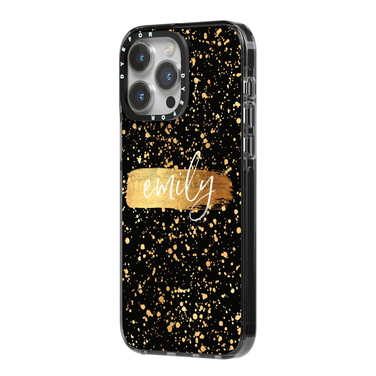 Personalised Black Gold Ink Splat Name iPhone 14 Pro Max Black Impact Case Side Angle on Silver phone