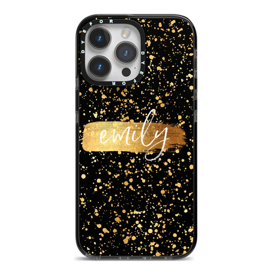 Personalised Black Gold Ink Splat Name iPhone 14 Pro Max Black Impact Case on Silver phone