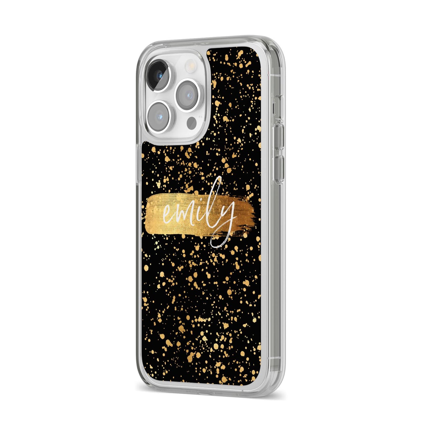 Personalised Black Gold Ink Splat Name iPhone 14 Pro Max Clear Tough Case Silver Angled Image