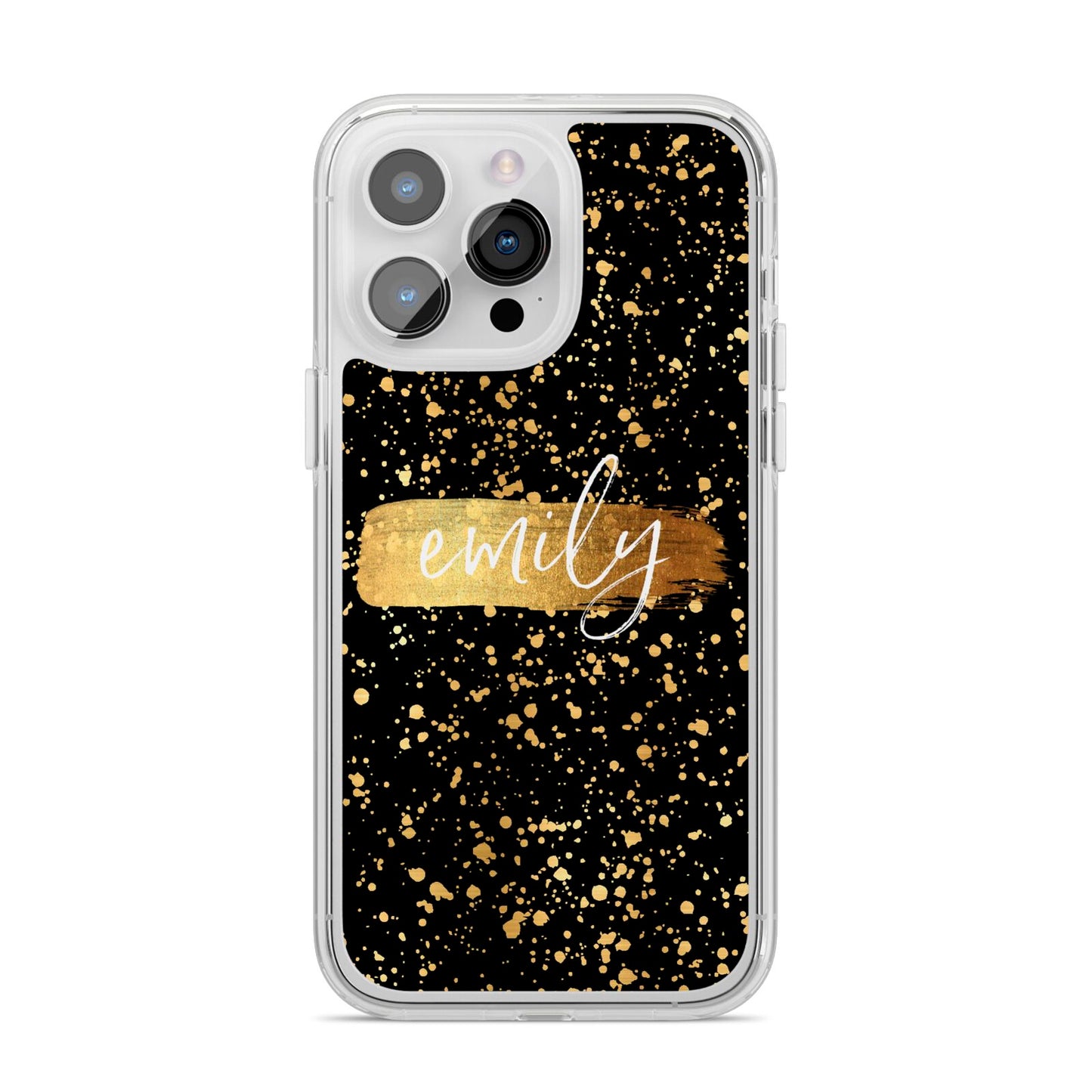 Personalised Black Gold Ink Splat Name iPhone 14 Pro Max Clear Tough Case Silver