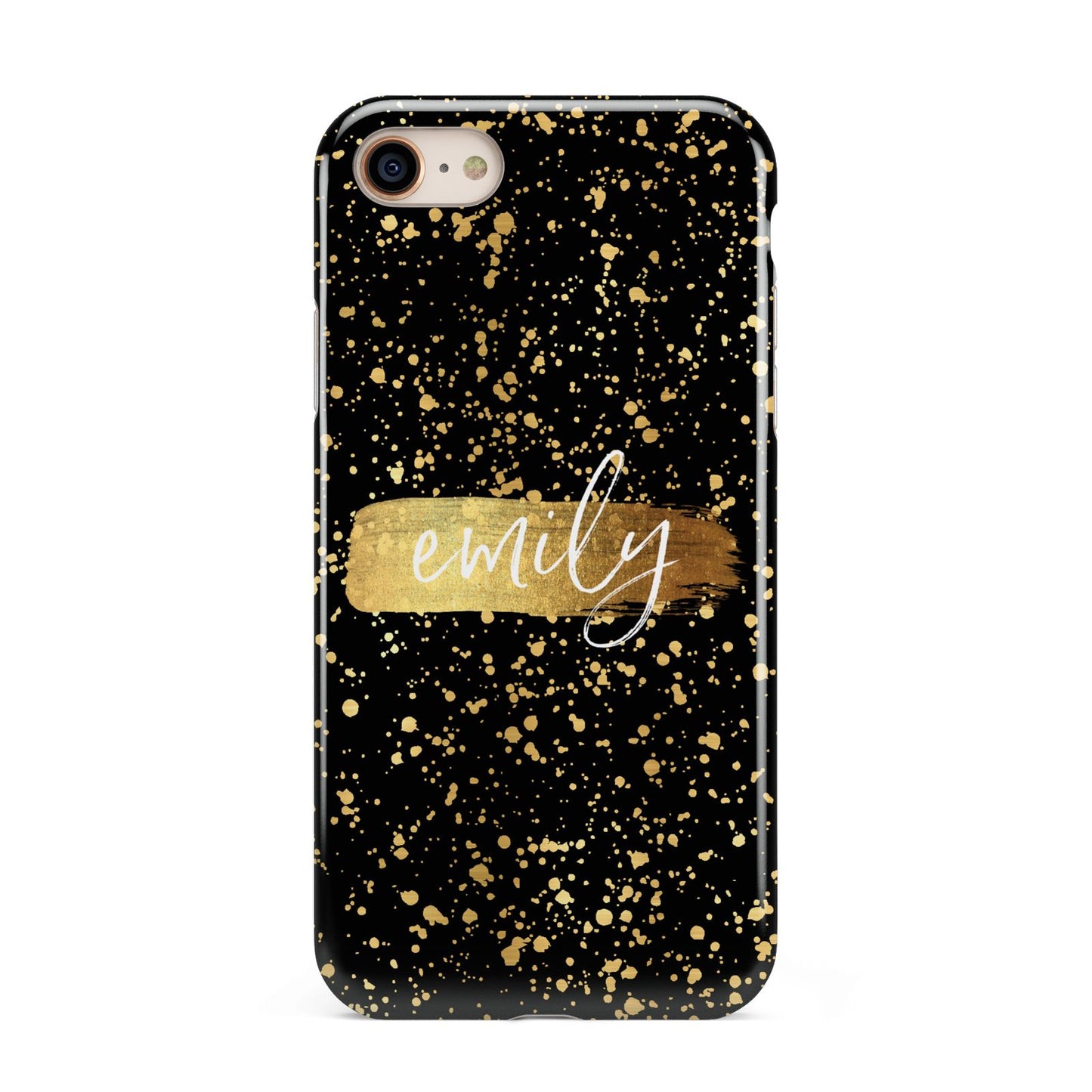 Personalised Black Gold Ink Splat Name iPhone 8 3D Tough Case on Gold Phone