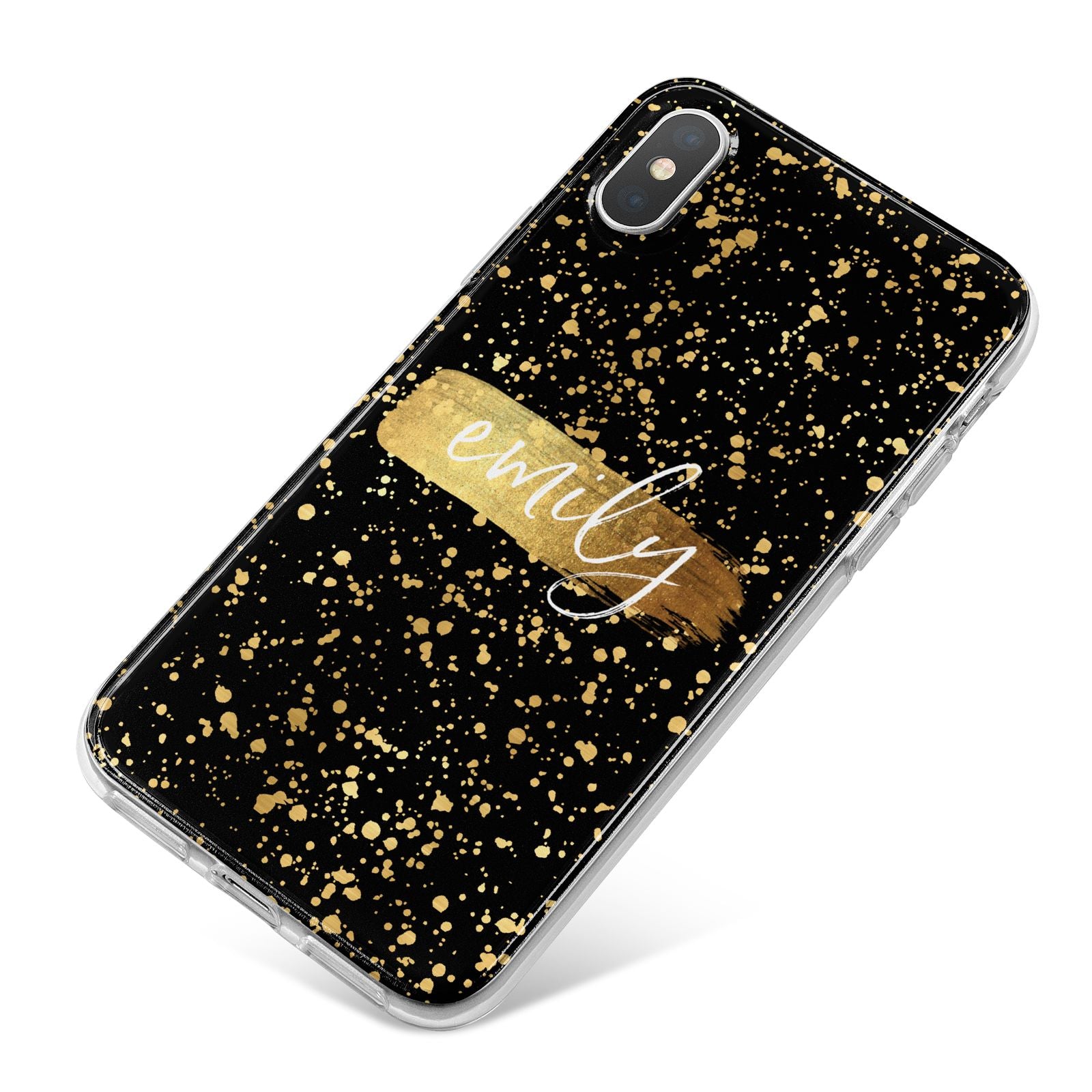 Personalised Black Gold Ink Splat Name iPhone X Bumper Case on Silver iPhone