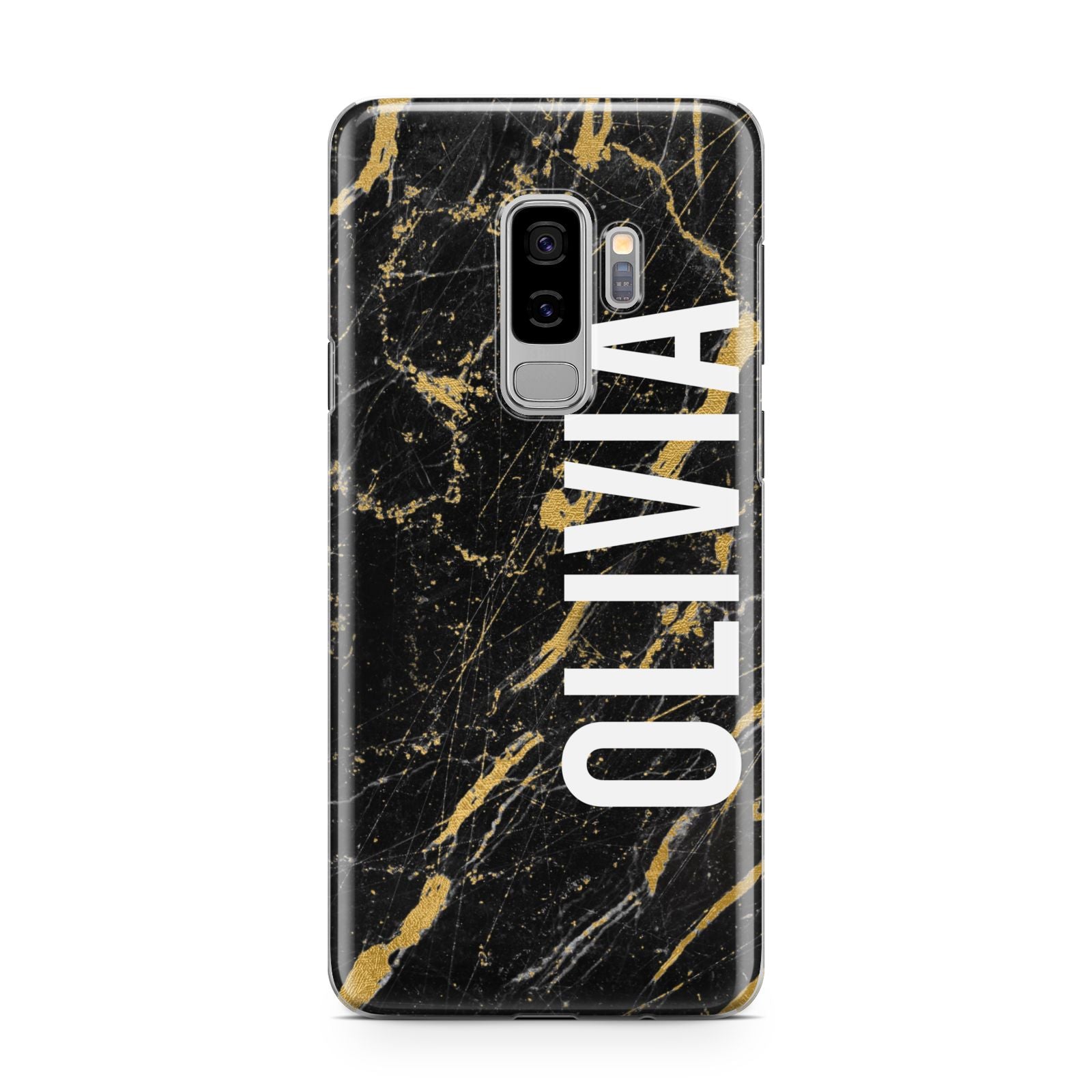 Personalised Black Gold Marble Name Samsung Galaxy S9 Plus Case on Silver phone