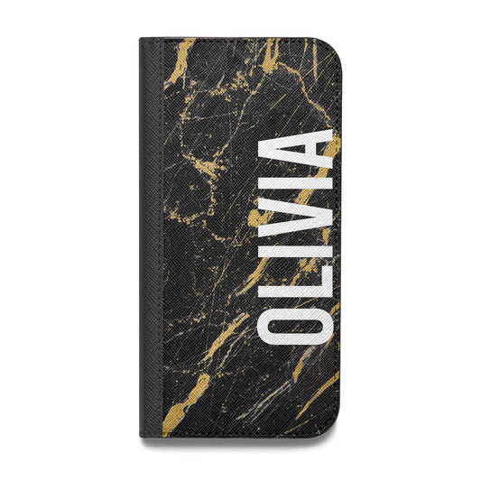 Personalised Black Gold Marble Name Vegan Leather Flip iPhone Case