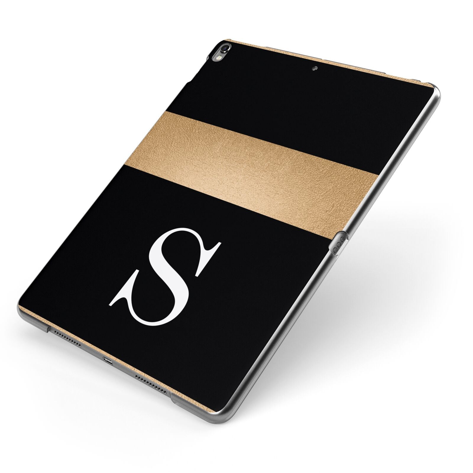 Personalised Black Gold Monogram Initial Apple iPad Case on Grey iPad Side View