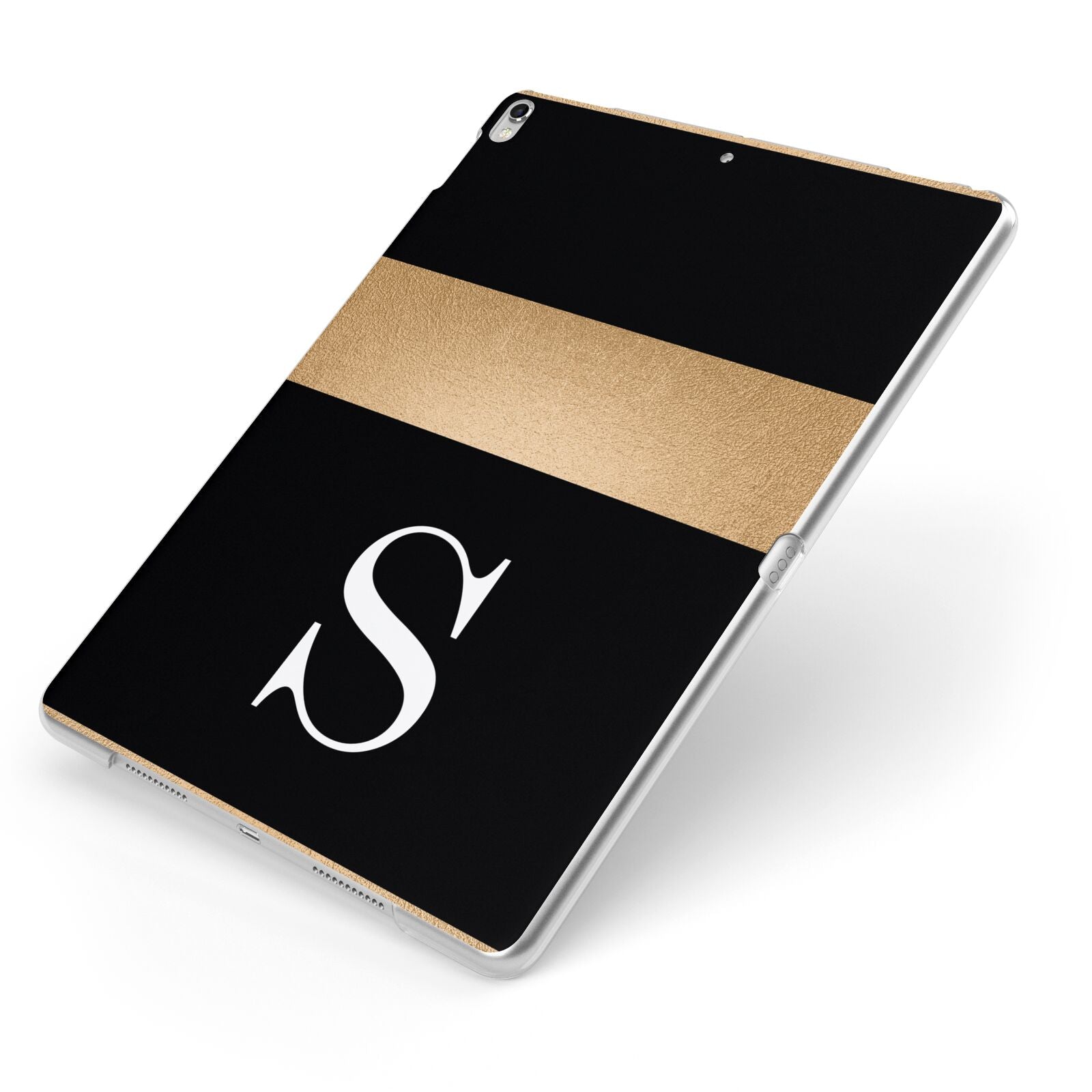 Personalised Black Gold Monogram Initial Apple iPad Case on Silver iPad Side View