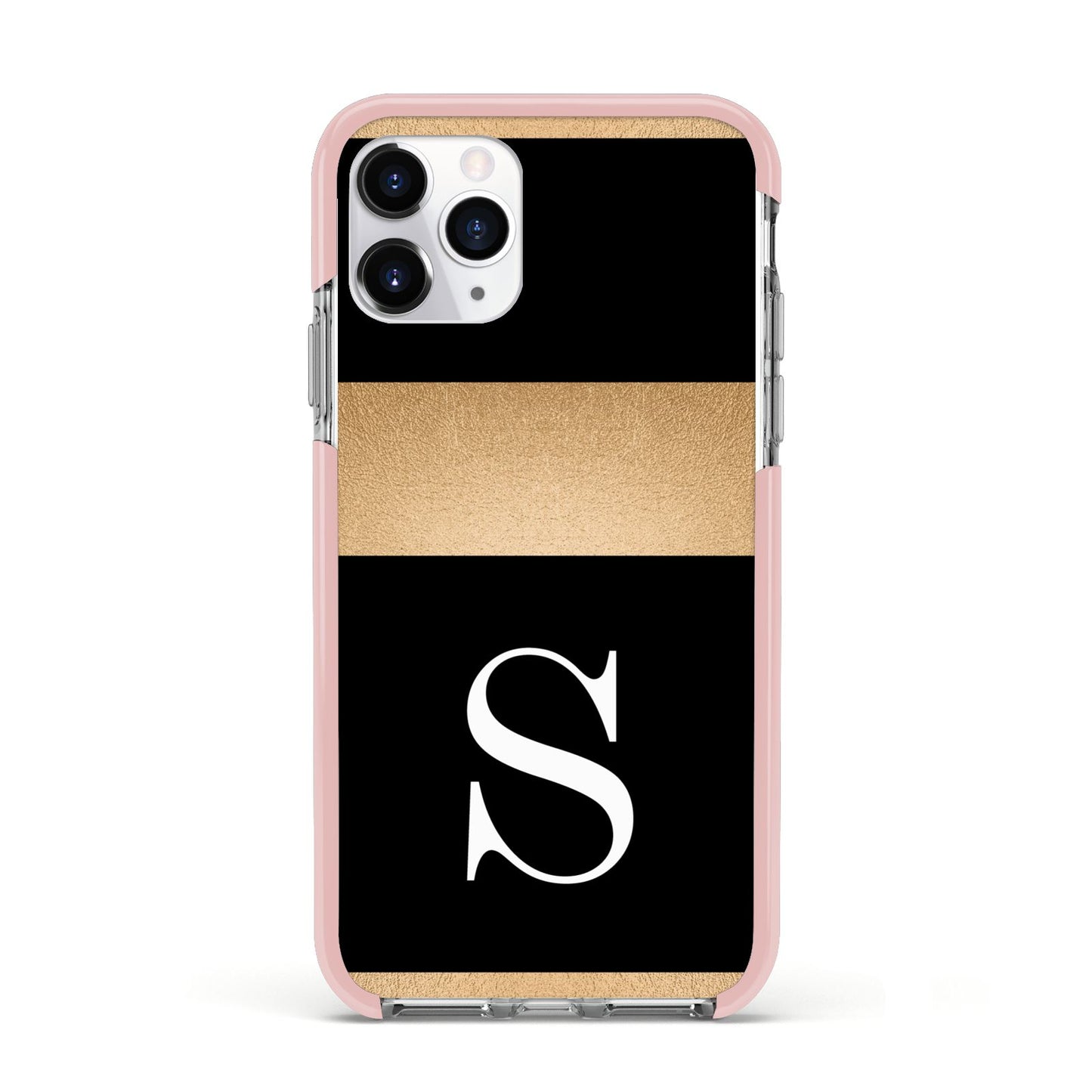 Personalised Black Gold Monogram Initial Apple iPhone 11 Pro in Silver with Pink Impact Case