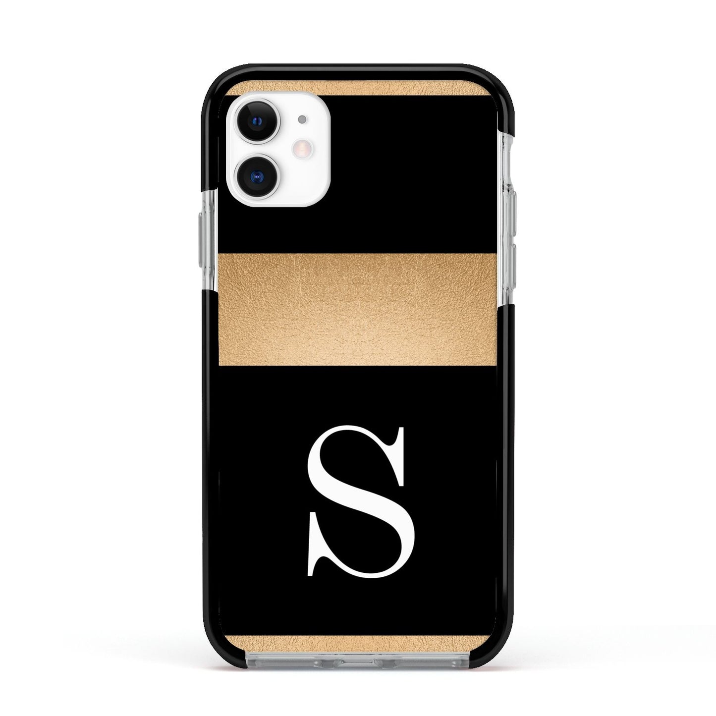 Personalised Black Gold Monogram Initial Apple iPhone 11 in White with Black Impact Case