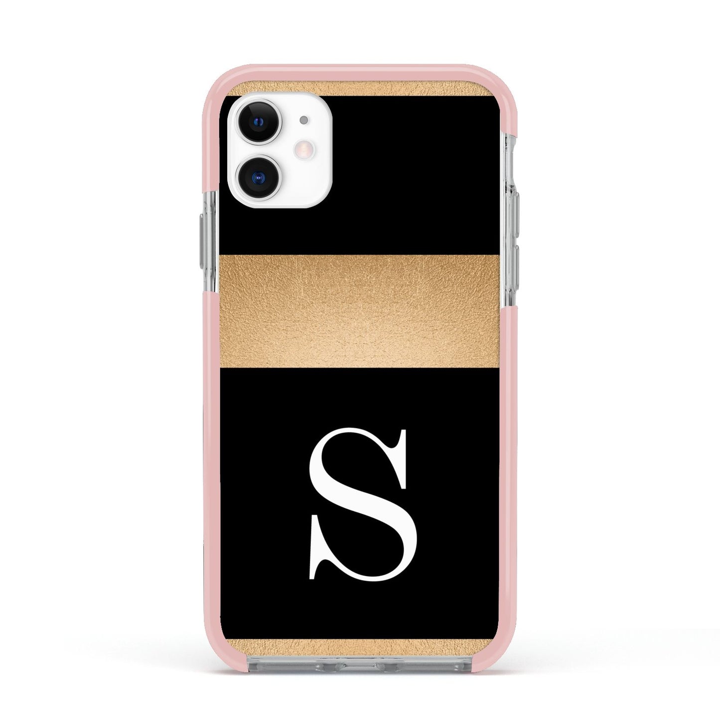 Personalised Black Gold Monogram Initial Apple iPhone 11 in White with Pink Impact Case