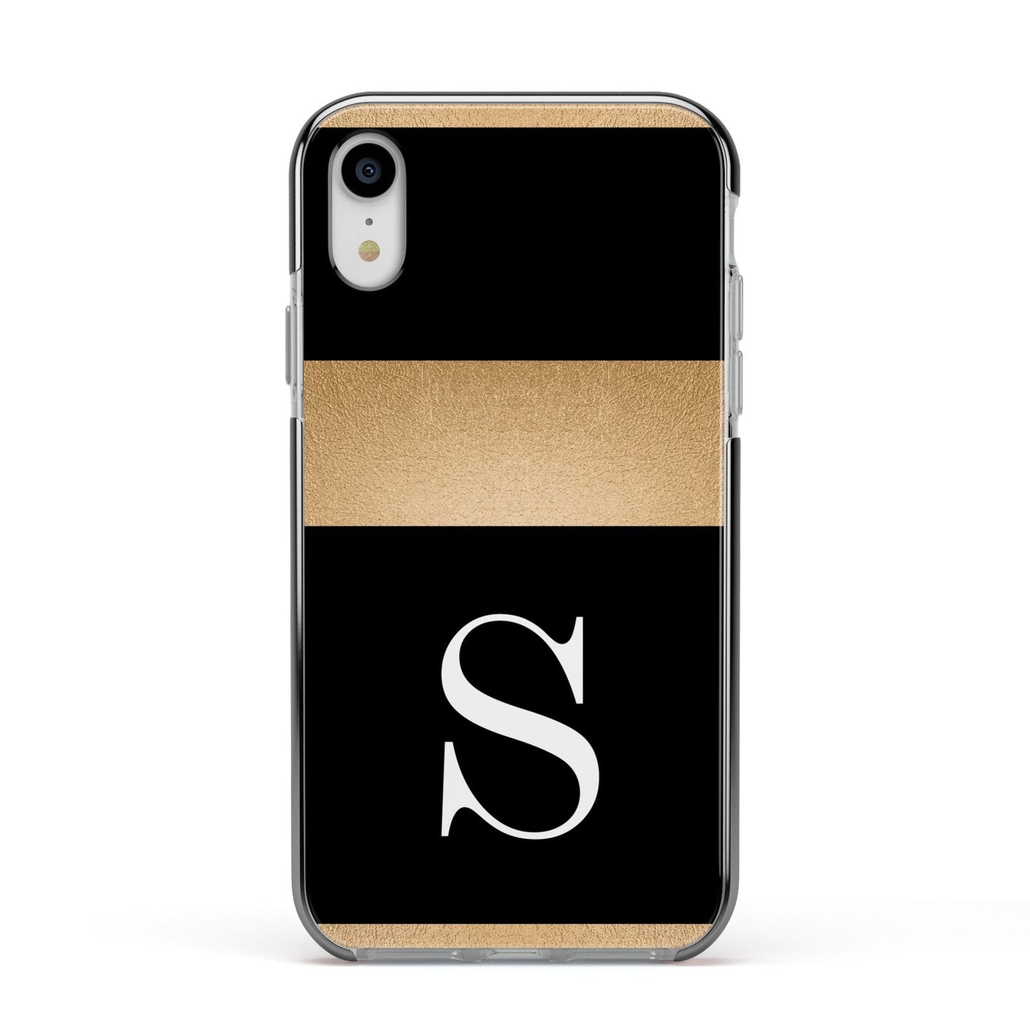 Personalised Black Gold Monogram Initial Apple iPhone XR Impact Case Black Edge on Silver Phone