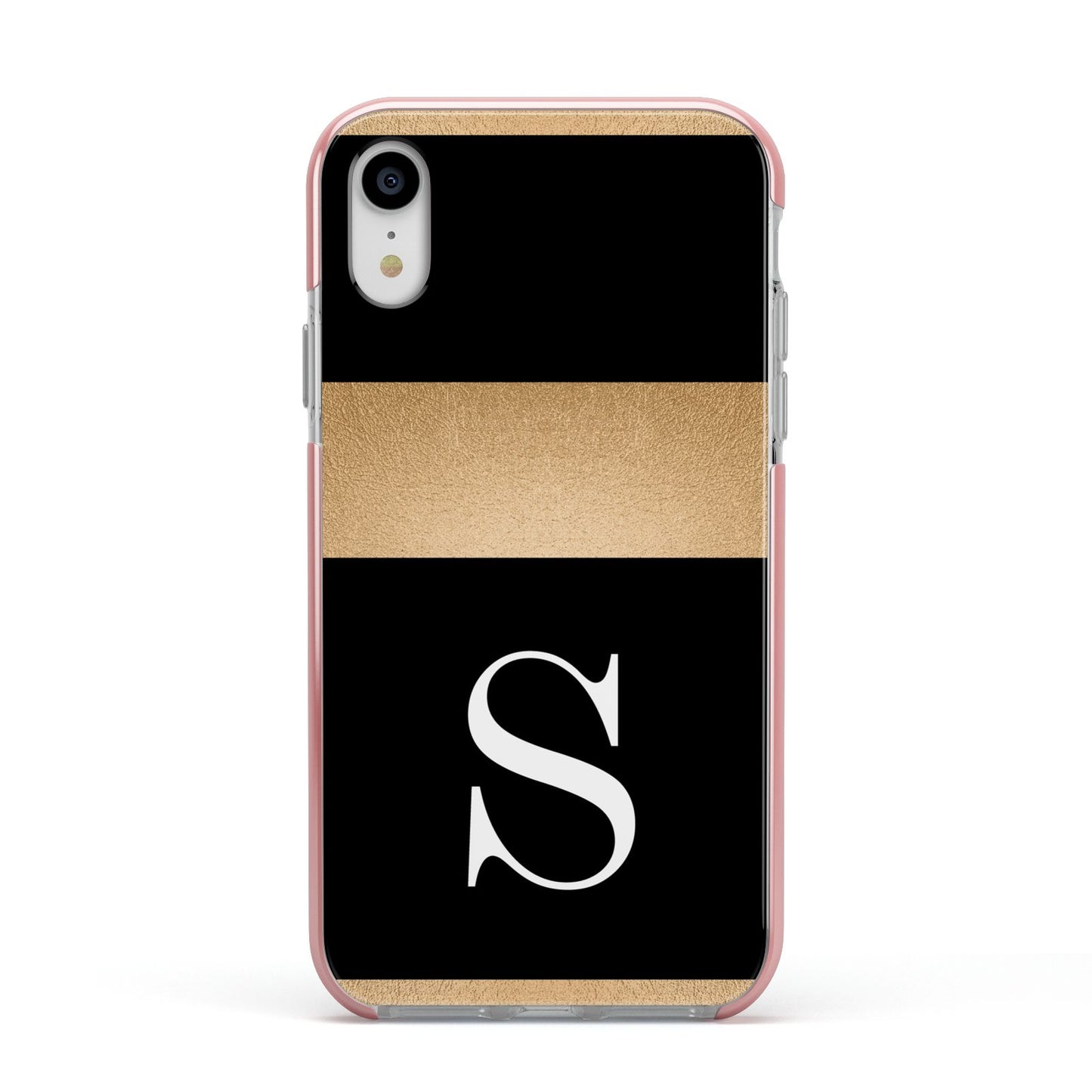 Personalised Black Gold Monogram Initial Apple iPhone XR Impact Case Pink Edge on Silver Phone