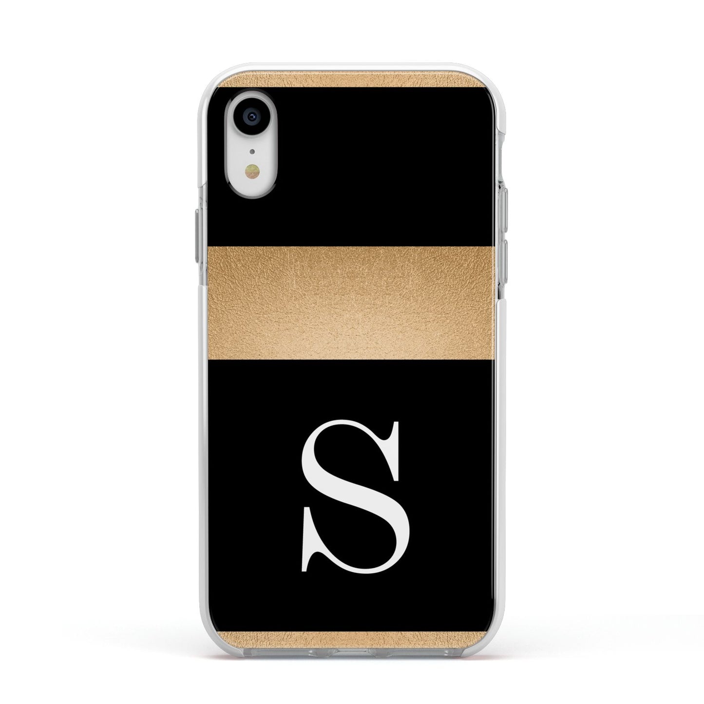 Personalised Black Gold Monogram Initial Apple iPhone XR Impact Case White Edge on Silver Phone